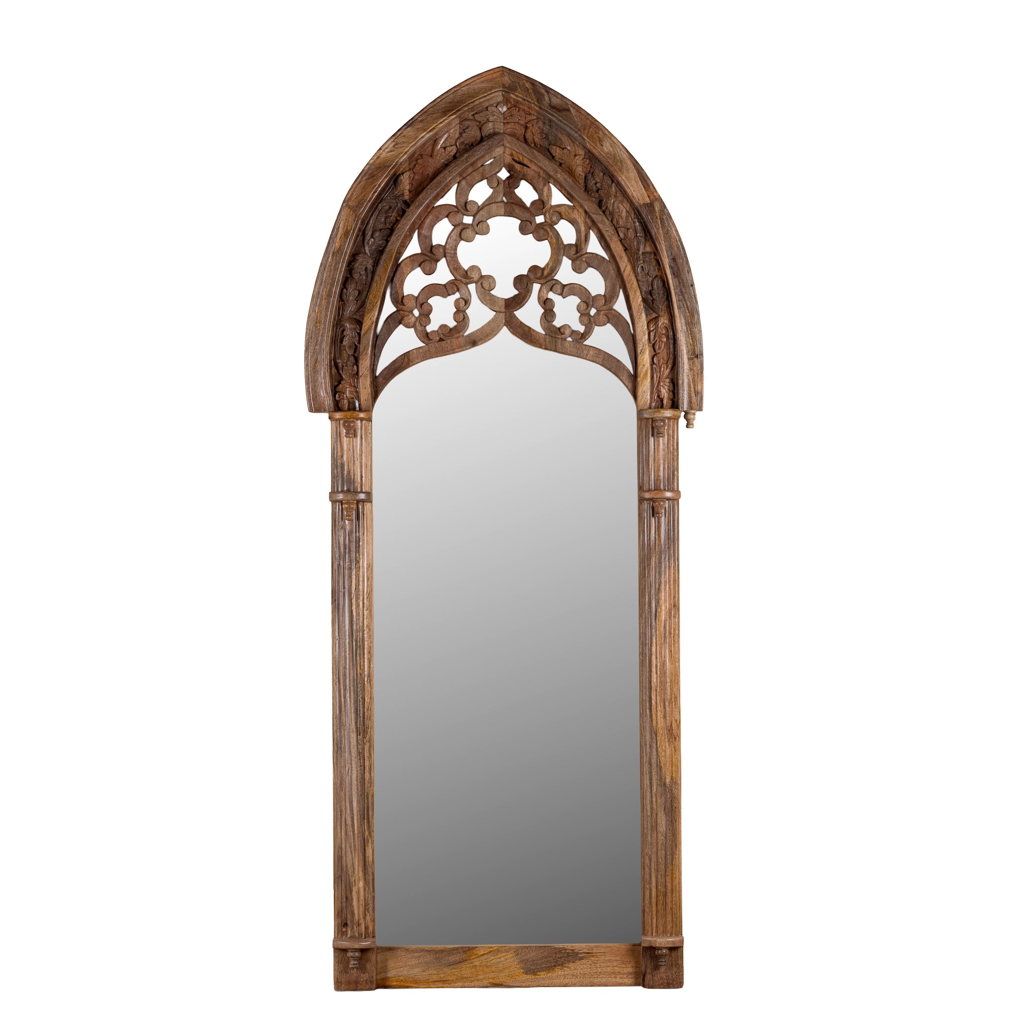 White background image of a Veda hand carved mango wood arch mirror with decorative openwork frame and natural mango finish, 85x15x197cm