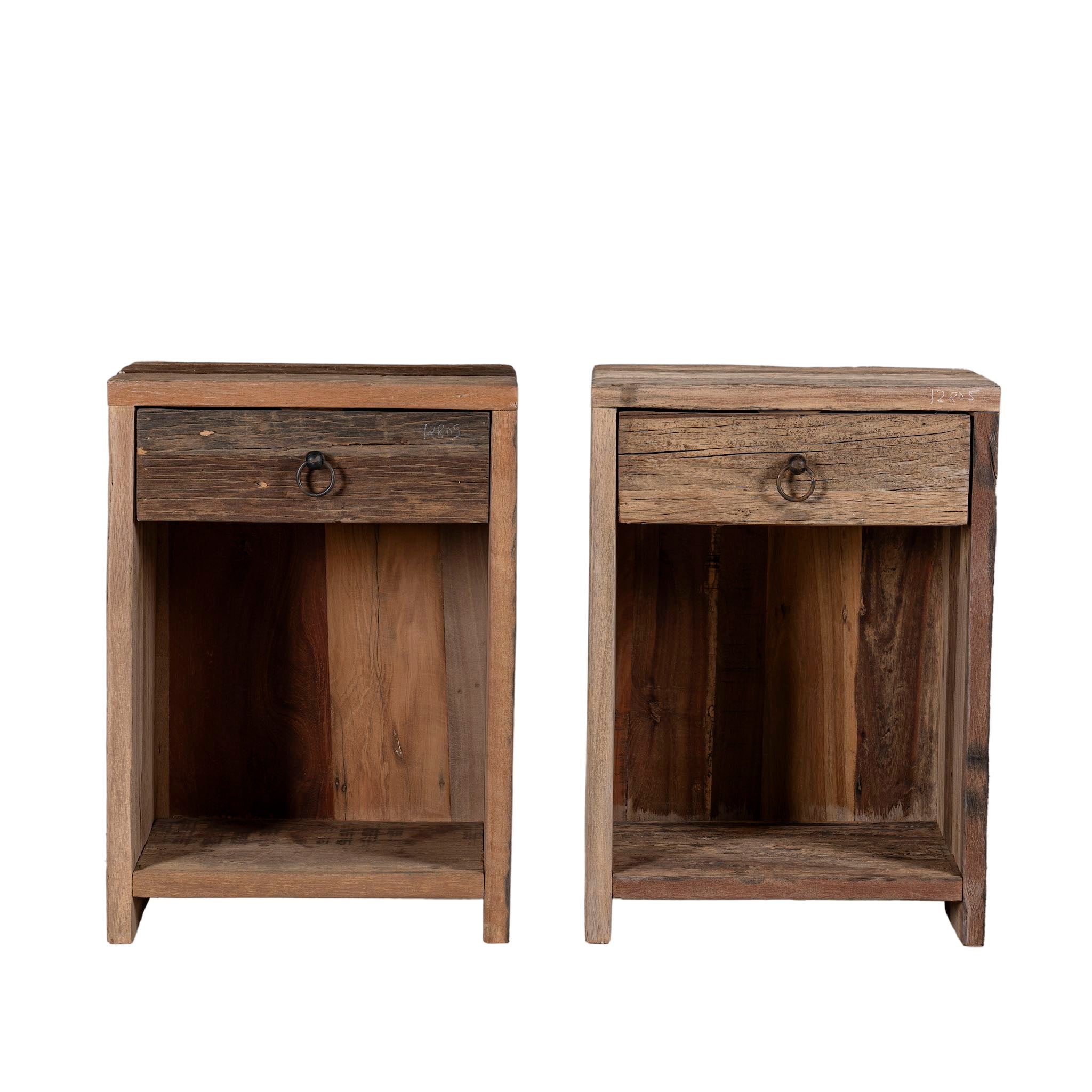 White background image of a Reclaimed wood bedside table with drawer and open shelf – handcrafted driftwood furniture designed for rustic minimalism and natural interiors.