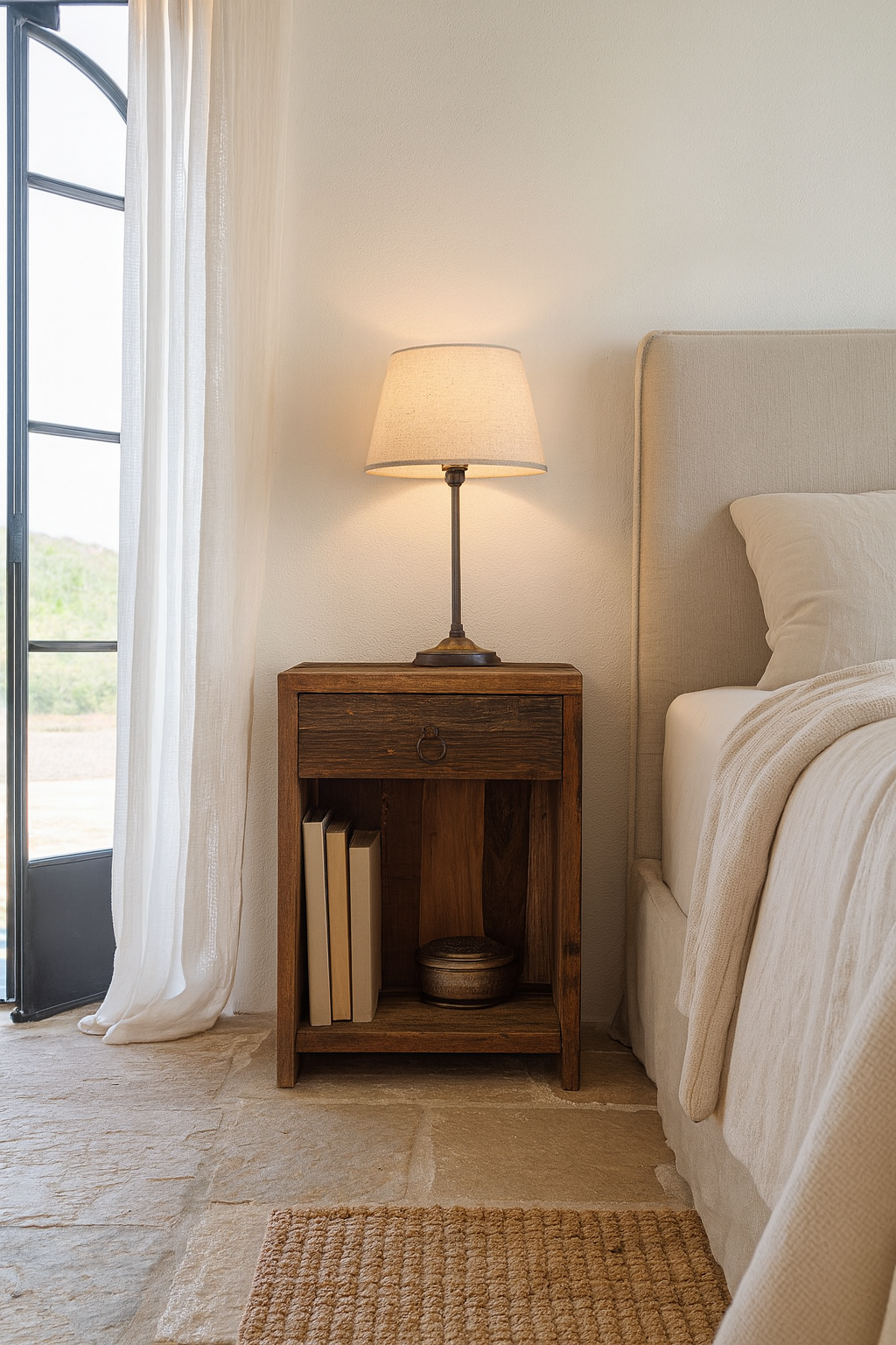 Lifestyle scene with a reclaimed wood bedside table with drawer and open shelf – handcrafted driftwood furniture designed for rustic minimalism and natural interiors.
