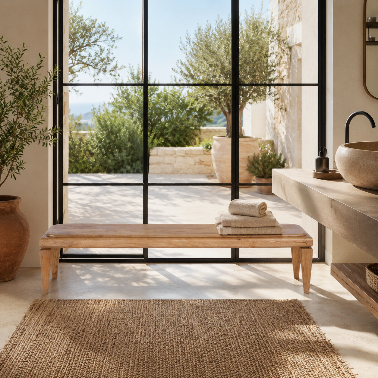 Lifestyle image of a Vetali minimalistic mango wood bench crafted from solid mango wood, 180cm