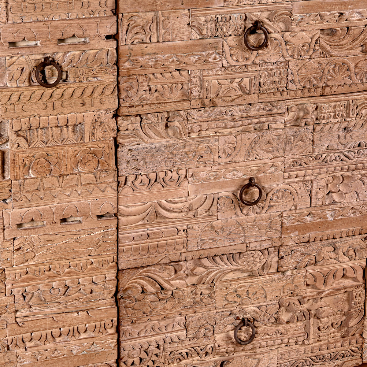 Close up image of a Viara carved reclaimed wood sideboard with drawers, bleached finish and original hand-carved Indian teak house elements, 160x45x90cm