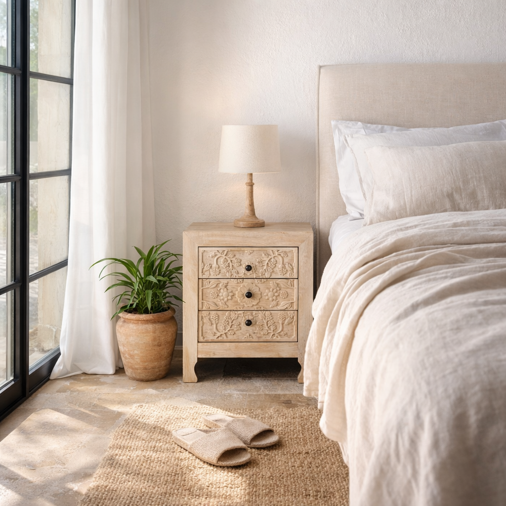 Lifestyle image of a mango wood nightstand Vihaan with hand-carved floral drawer fronts and a natural distressed finish. Elegant vintage-style bedside tables offering both storage and artisan-crafted detail.