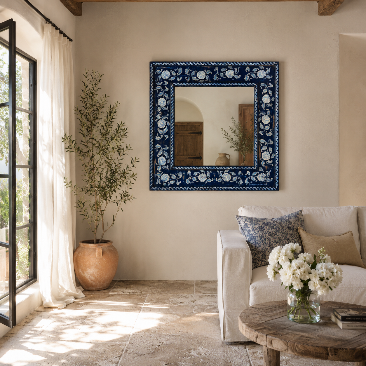 Lifestyle image of a Vihana hand-painted reclaimed wood wall mirror with deep blue floral frame, artisan detailing, and vintage Indian character, 90x90cm.