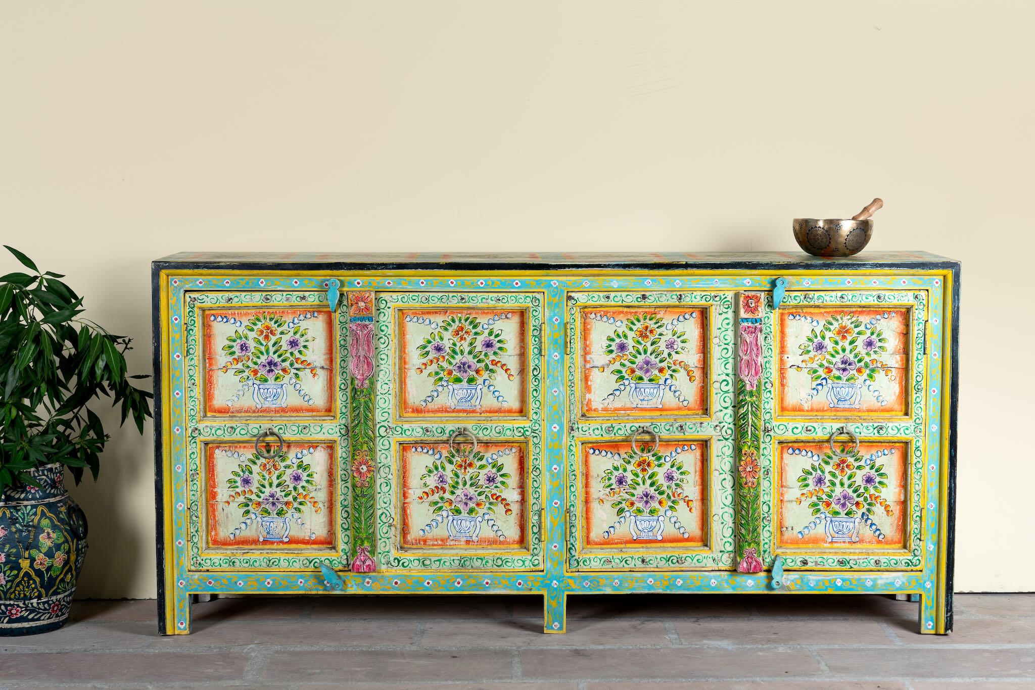 Reclaimed wood sideboard with hand painted floral motifs and distressed finish; artisanal storage furniture for bohemian interiors, 170 × 40 × 104 cm.