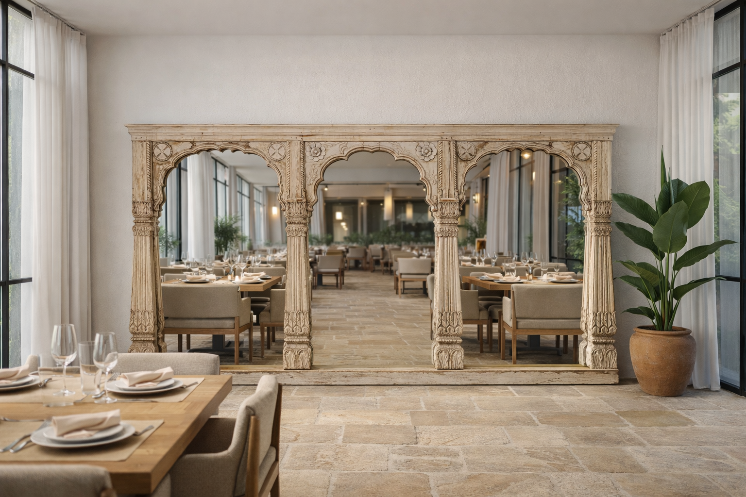 Lifestyle imagination of arched wooden mirror Yosha made from an antique Indian teak window frame with triple arches and carved columns. A piece of unique Indian furniture with bold scale and rustic heritage charm.