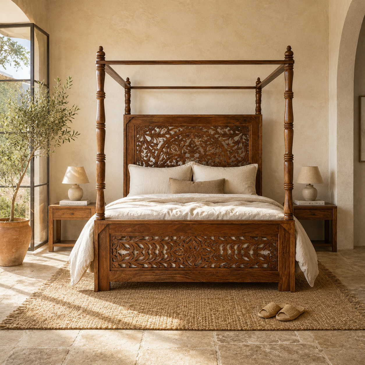 A dark brown carved wooden canopy bed with intricate floral patterns on the headboard and footboard, styled in a warm, rustic bedroom with beige walls, matching nightstands, and a jute rug.
