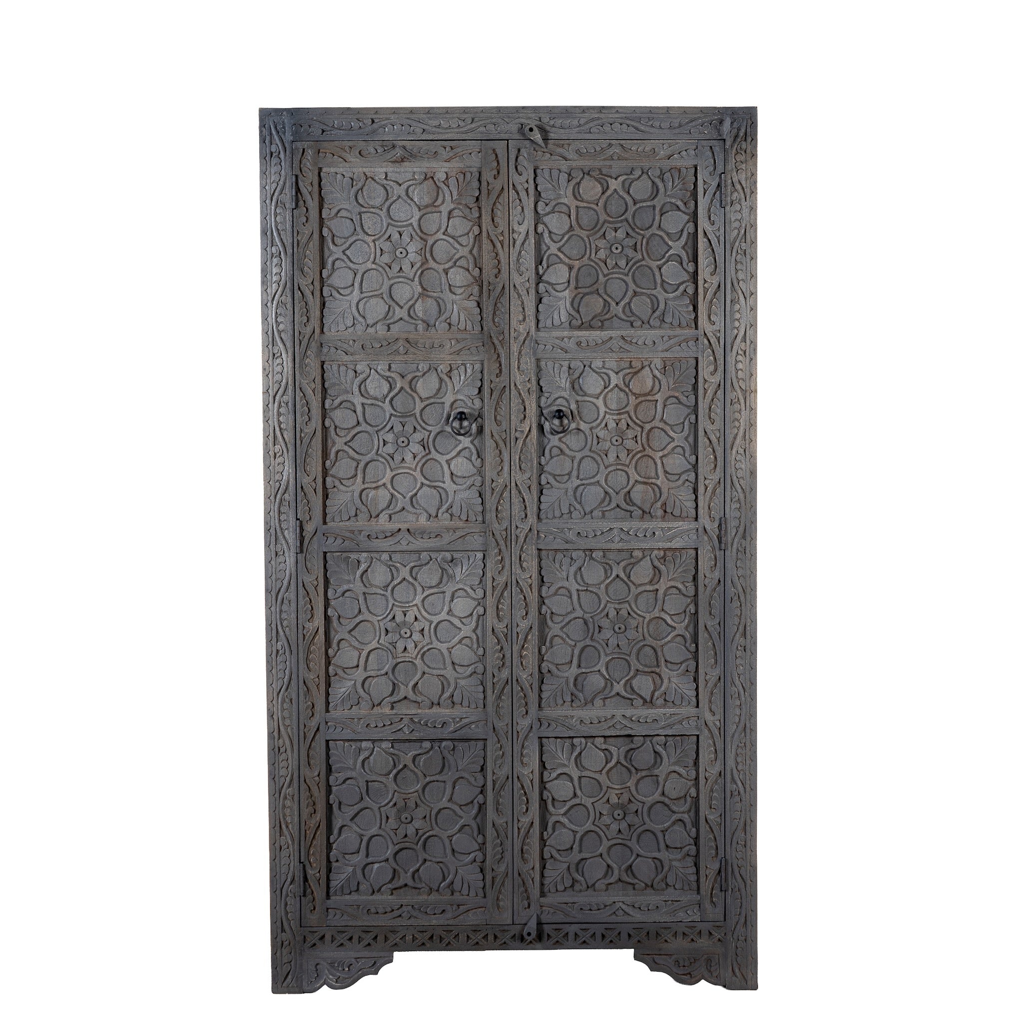 White background image of a Vishyali hand carved grey mango wood wardrobe with geometric carved doors 180cm