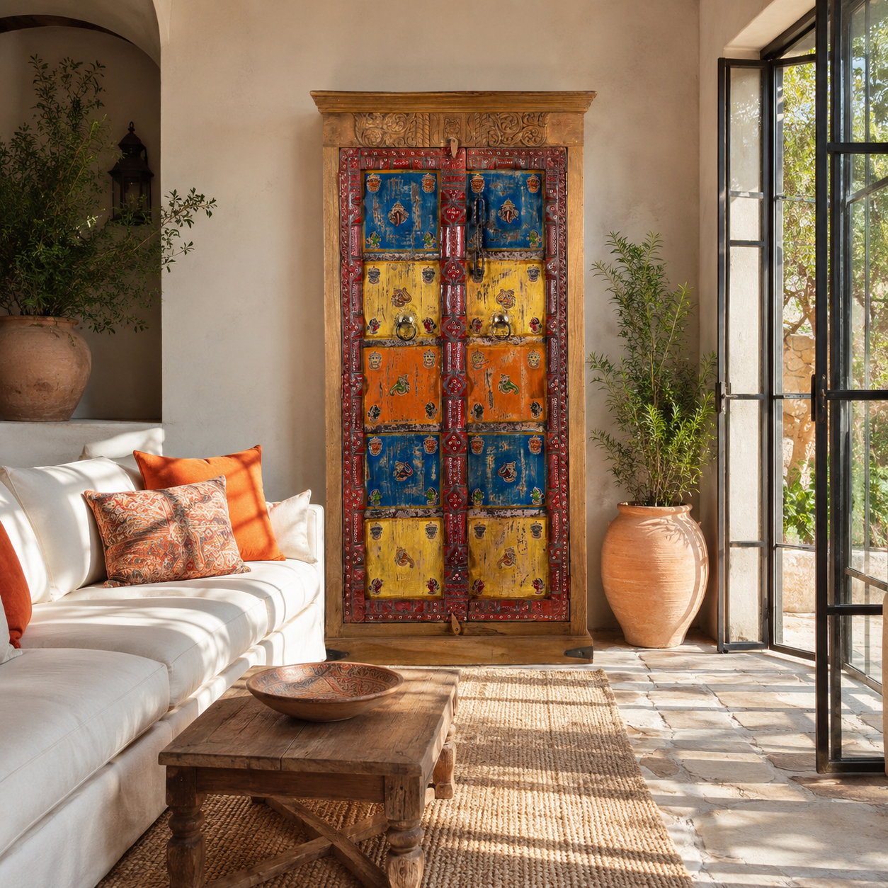 Lifestyle image of a hand-painted cabinet made from reclaimed teak wood with colourful Indian motifs – sustainable furniture and vintage teak wood craftsmanship for bold interiors.