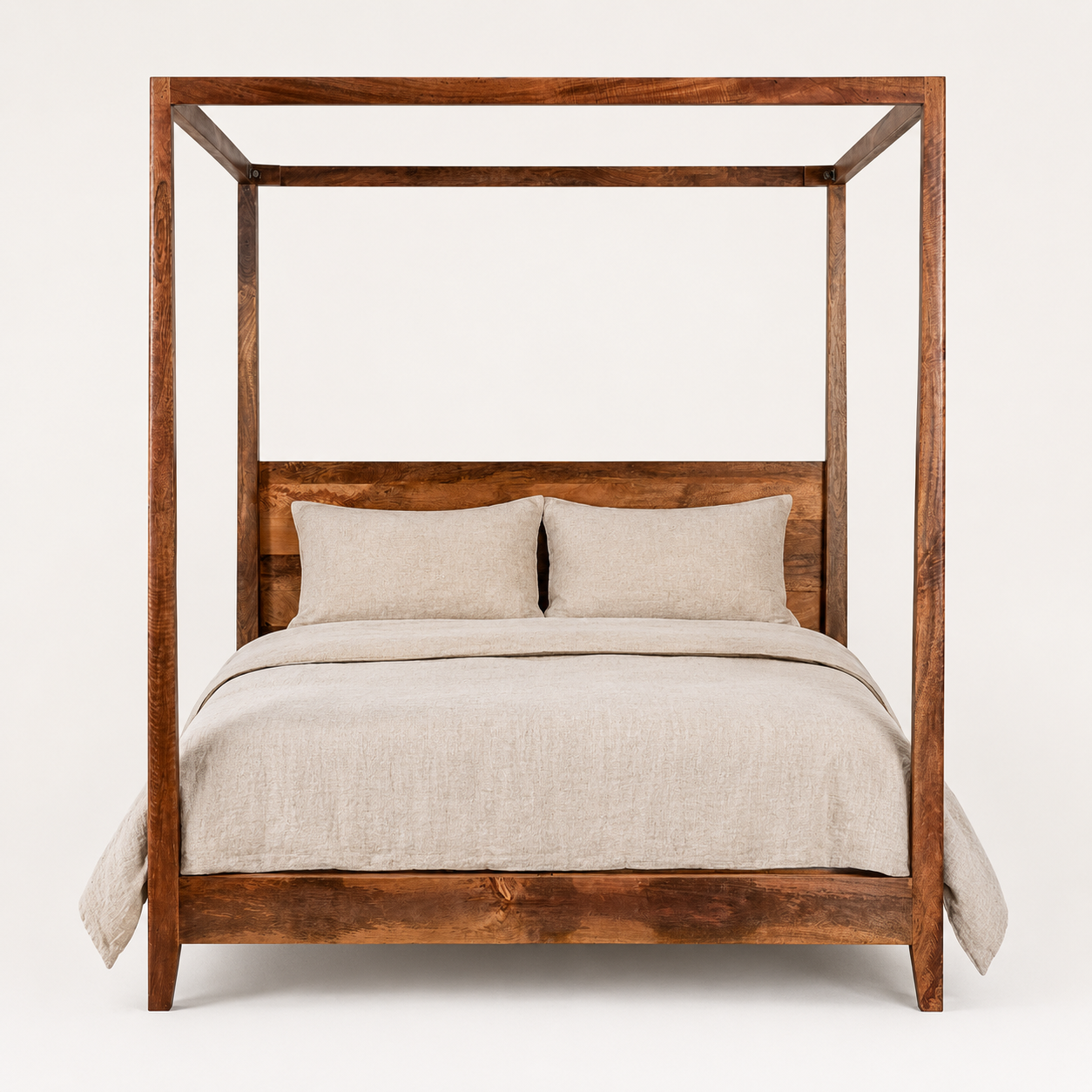 Image of a handcrafted mango wood canopy bed with minimalist four-poster design, boho bed 180 × 200 cm, bedroom furniture in rustic Mediterranean style.