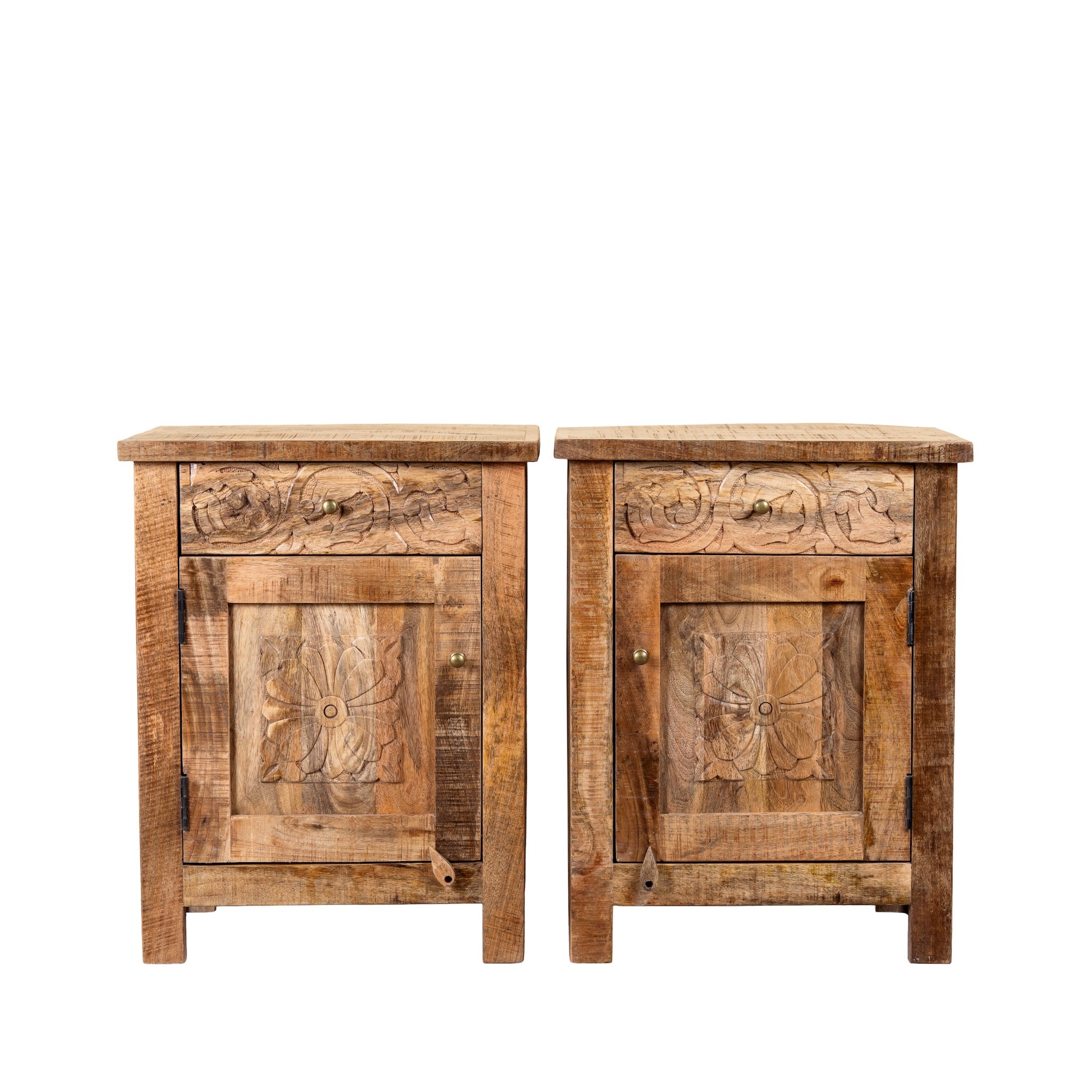 White background image of a Yana set of two hand carved mango wood bedside tables with drawer and cupboard 65cm