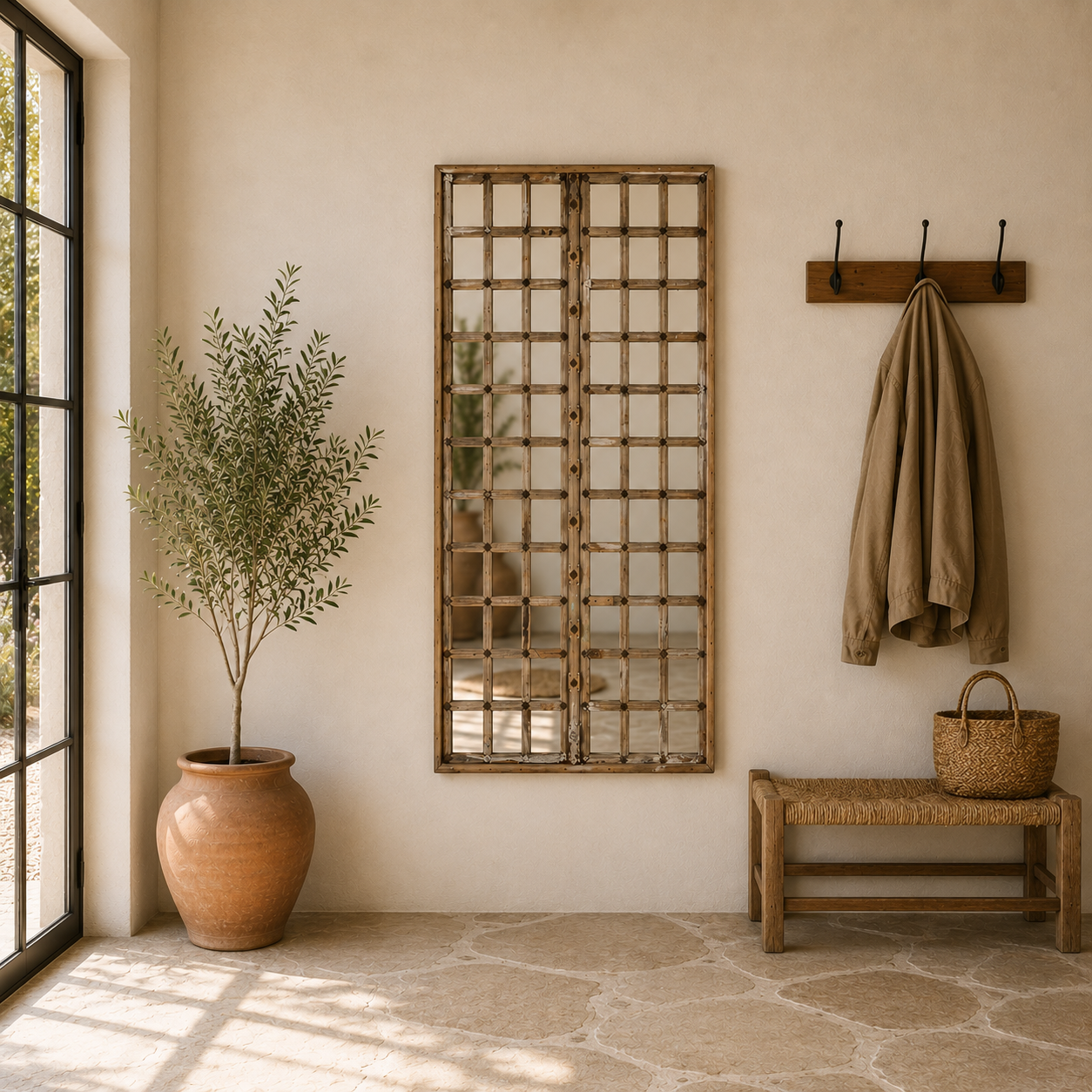 Lifestyle image of a antique teakwood mirror made from a traditional Indian door with iron details and mirror inlays – perfect as a reclaimed wood mirror for vintage home decor.