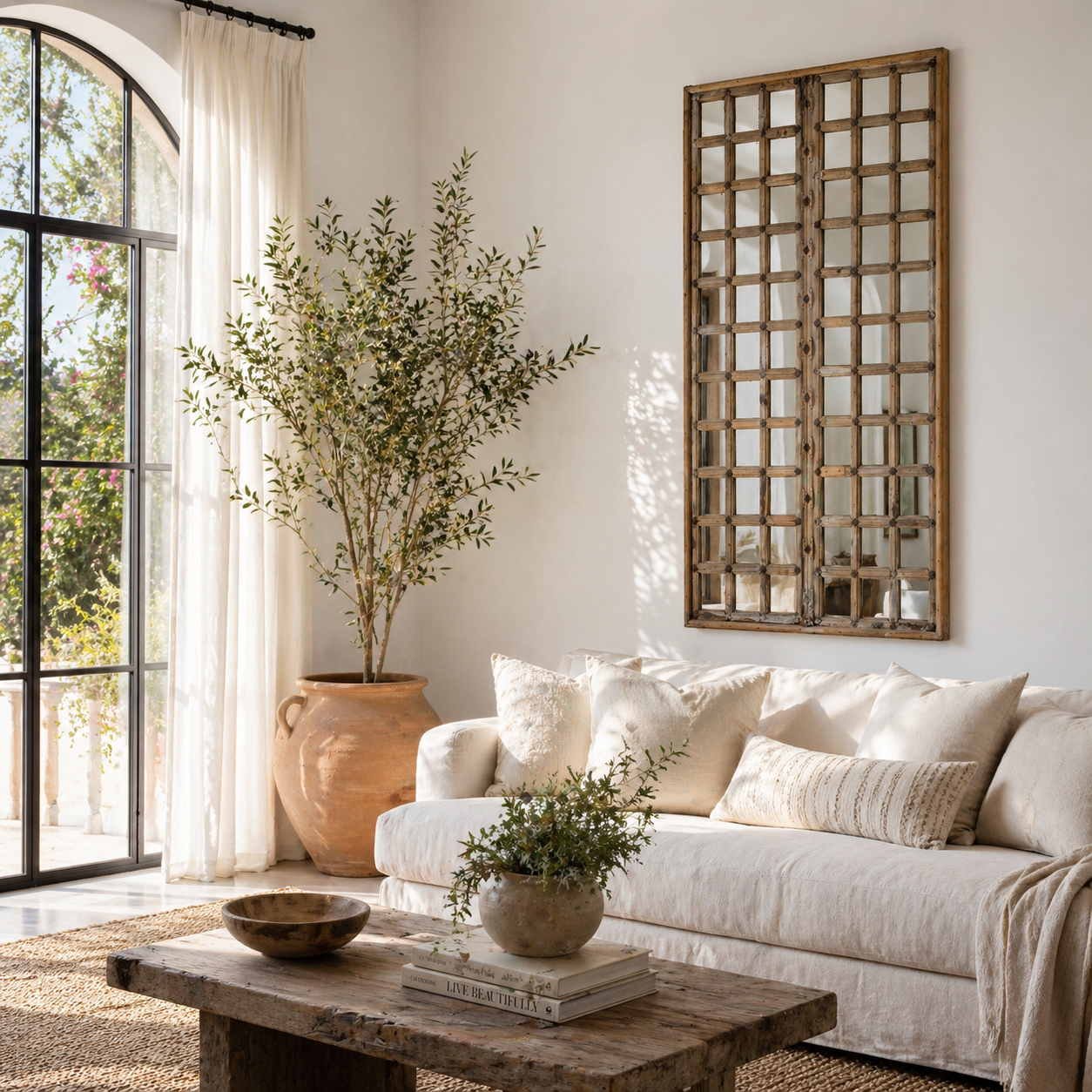 Lifestyle image of a antique teakwood mirror made from a traditional Indian door with iron details and mirror inlays – perfect as a reclaimed wood mirror for vintage home decor.