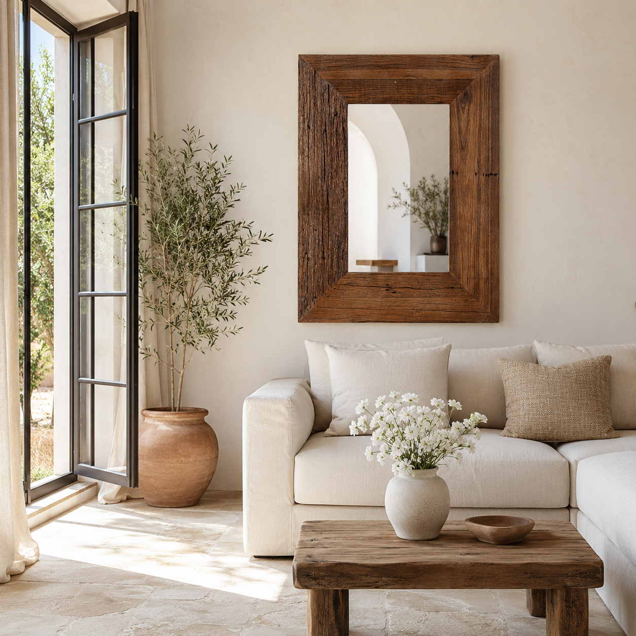 Lifestyle image of a hand made reclaimed wood mirror in rustic design.