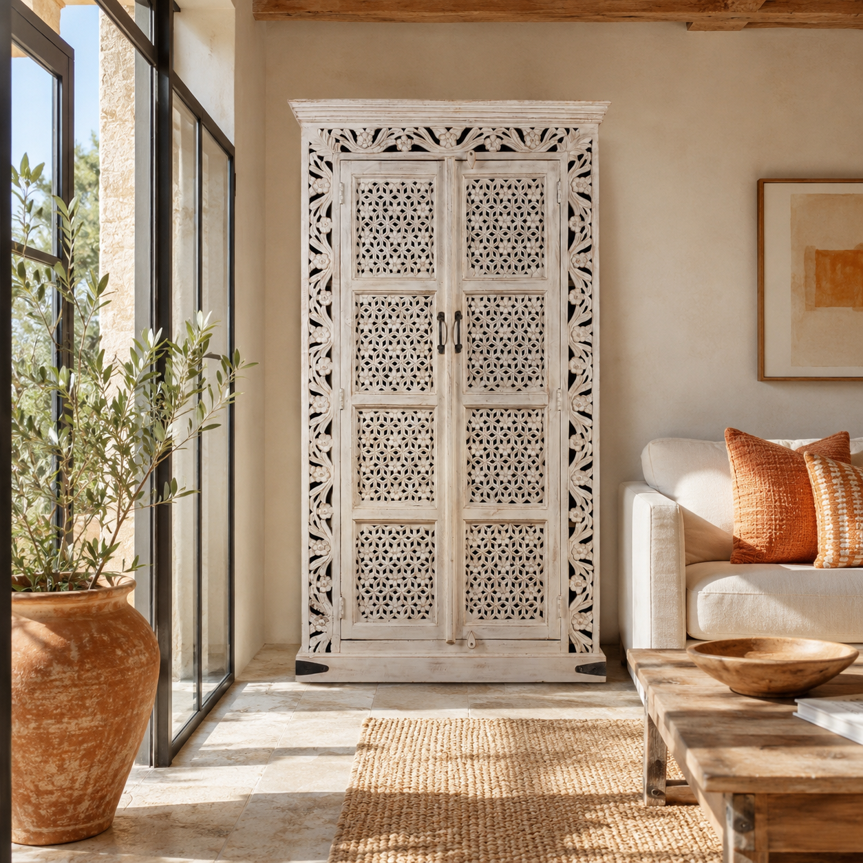 Lifestyle image of a image of a hand-carved mango wood cabinet with floral and geometric patterns in white-wash finish – carved wooden furniture and artisanal furniture with Mediterranean charm.