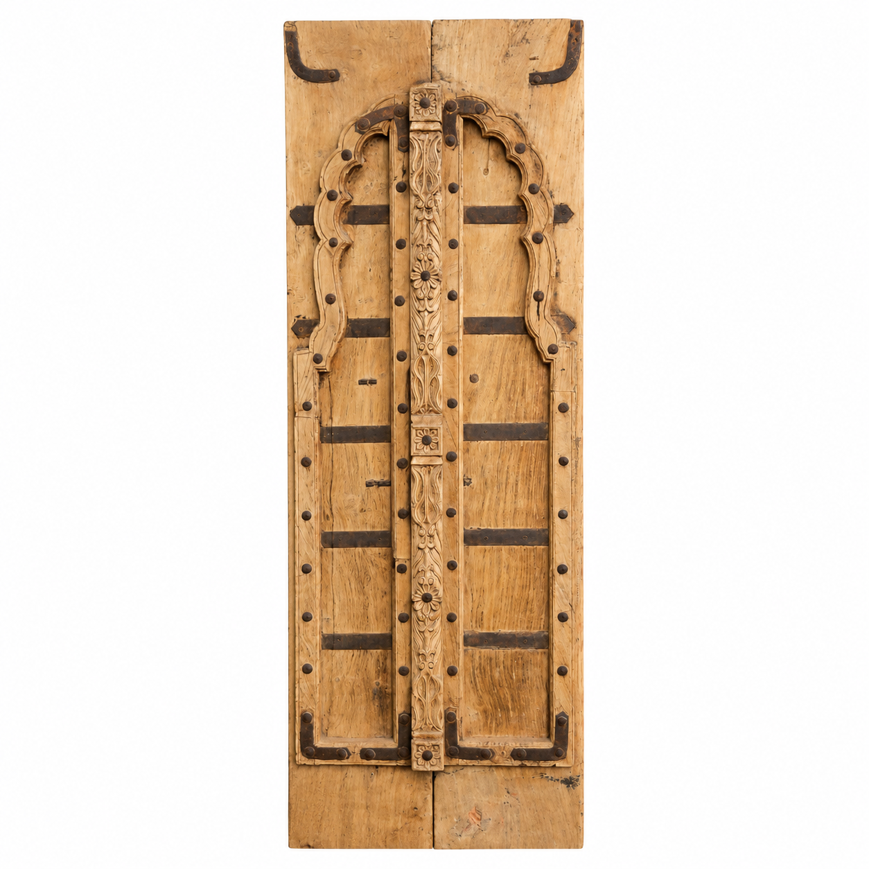 Antique Indian teak wood door panel with original iron fittings, hand-carved details, and naturally aged rustic character for heritage-inspired wall décor.
