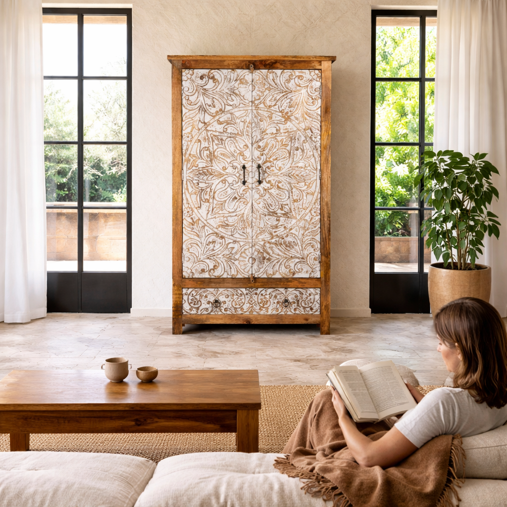 Lifestyle image of a Hand-carved mango wood wardrobe with whitewashed floral motifs – Zashil by Om Home & Garden, a Mediterranean-inspired piece of carved wooden furniture.