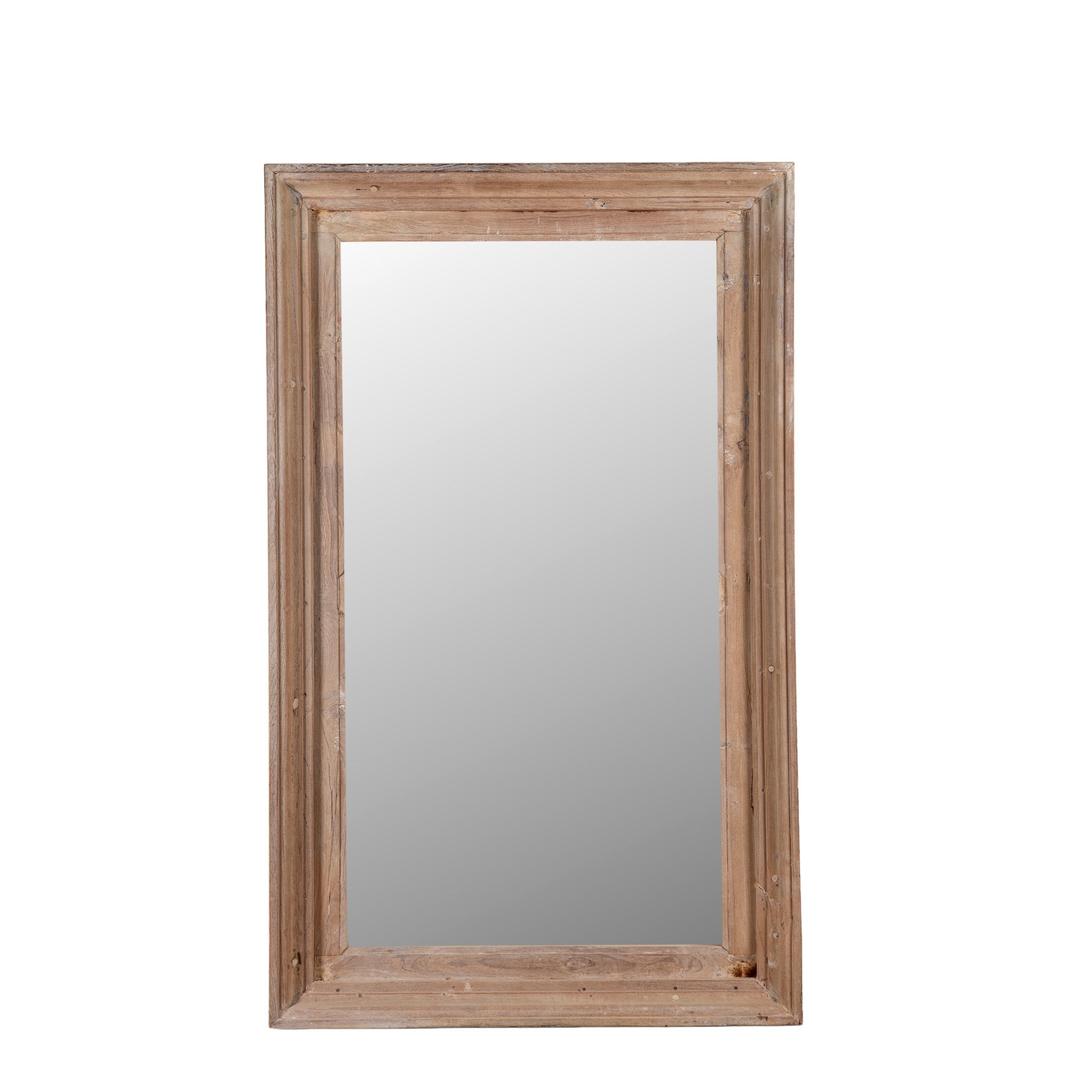 White background image of a Zunaira reclaimed wood wall mirror with wide natural wooden frame in Ibiza style 140cm