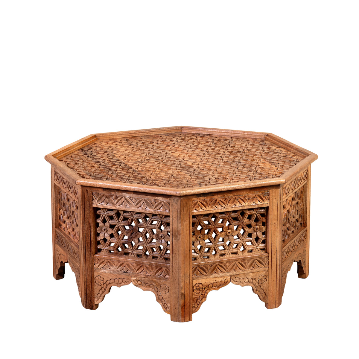 White background image of a Barkot octagonal mango wood coffee table with intricate floral and geometric carvings; durable hand-carved coffee table, 90 × 90 × 46 cm.