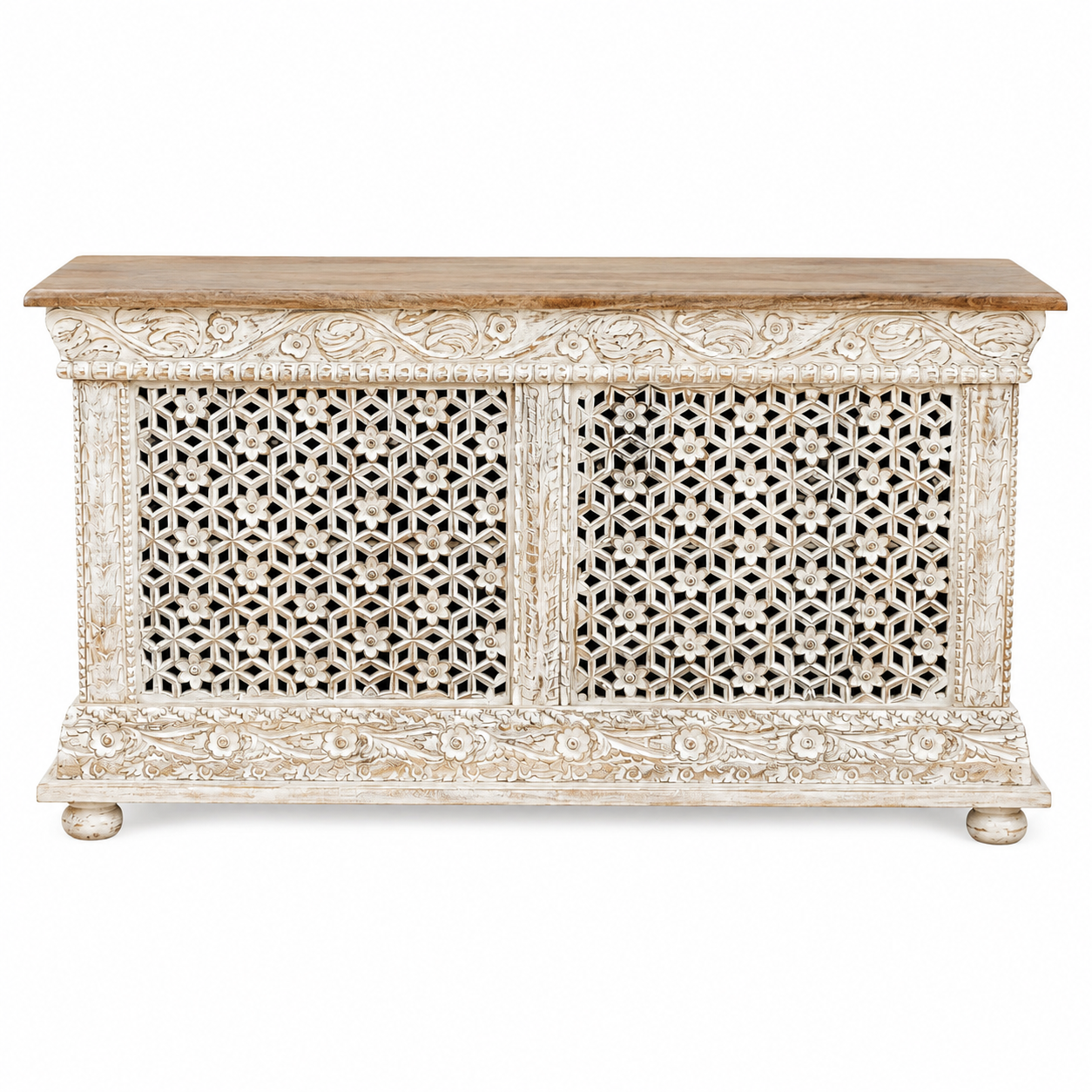 White background image of a Riksha hand carved mango wood console table with Indian carved details 150cm