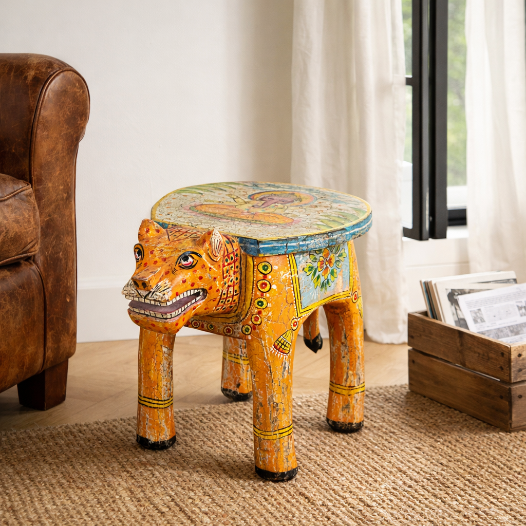 Lifestyle imagination of a hand-painted wooden tiger side table featuring Indian folk art and floral details, shaped like a tiger with deity painting on top, perfect for vintage and India-inspired home accessories.
