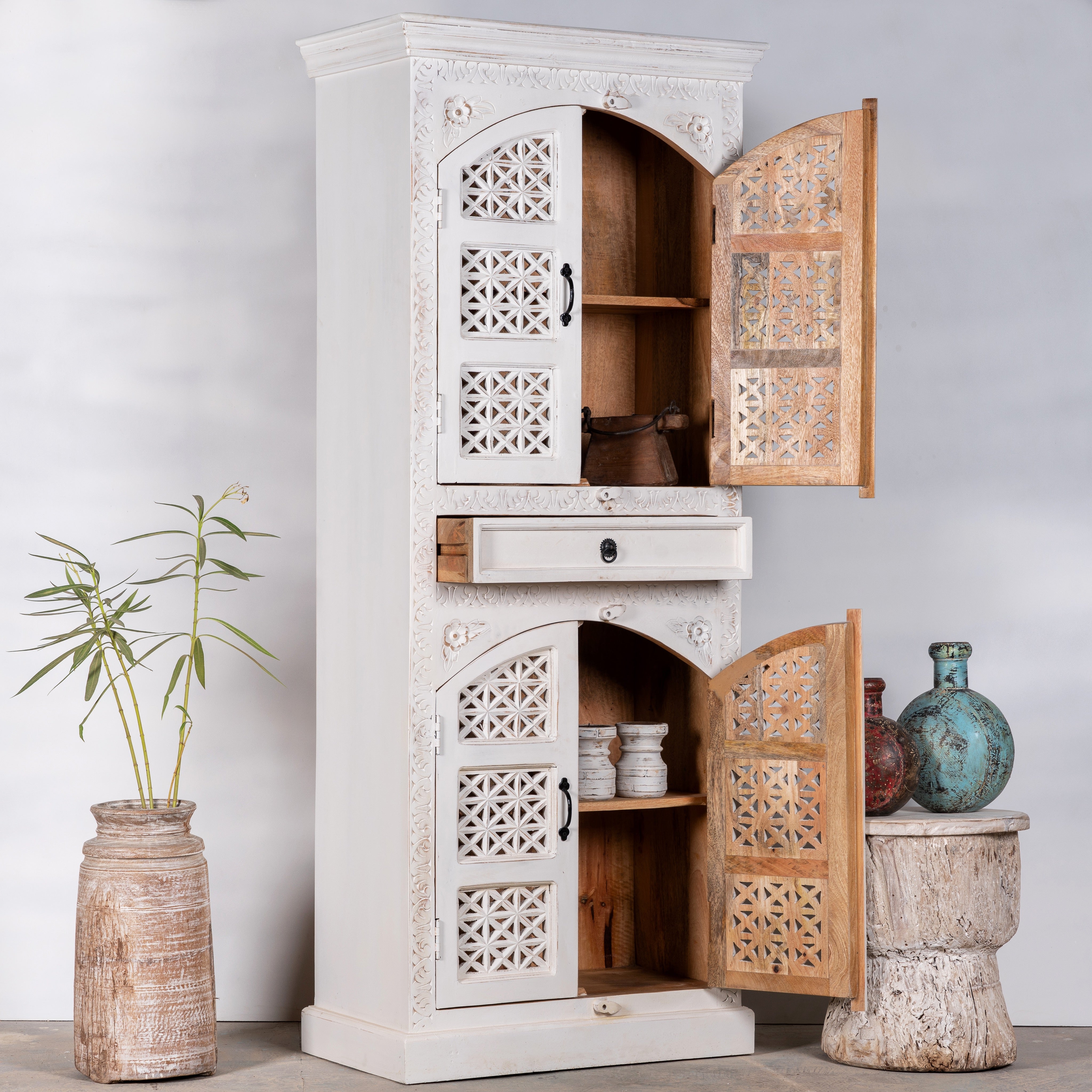 Sde angle image with open doors of a Aesha white washed mango wood cabinet with Oriental hand carved doors 180cm