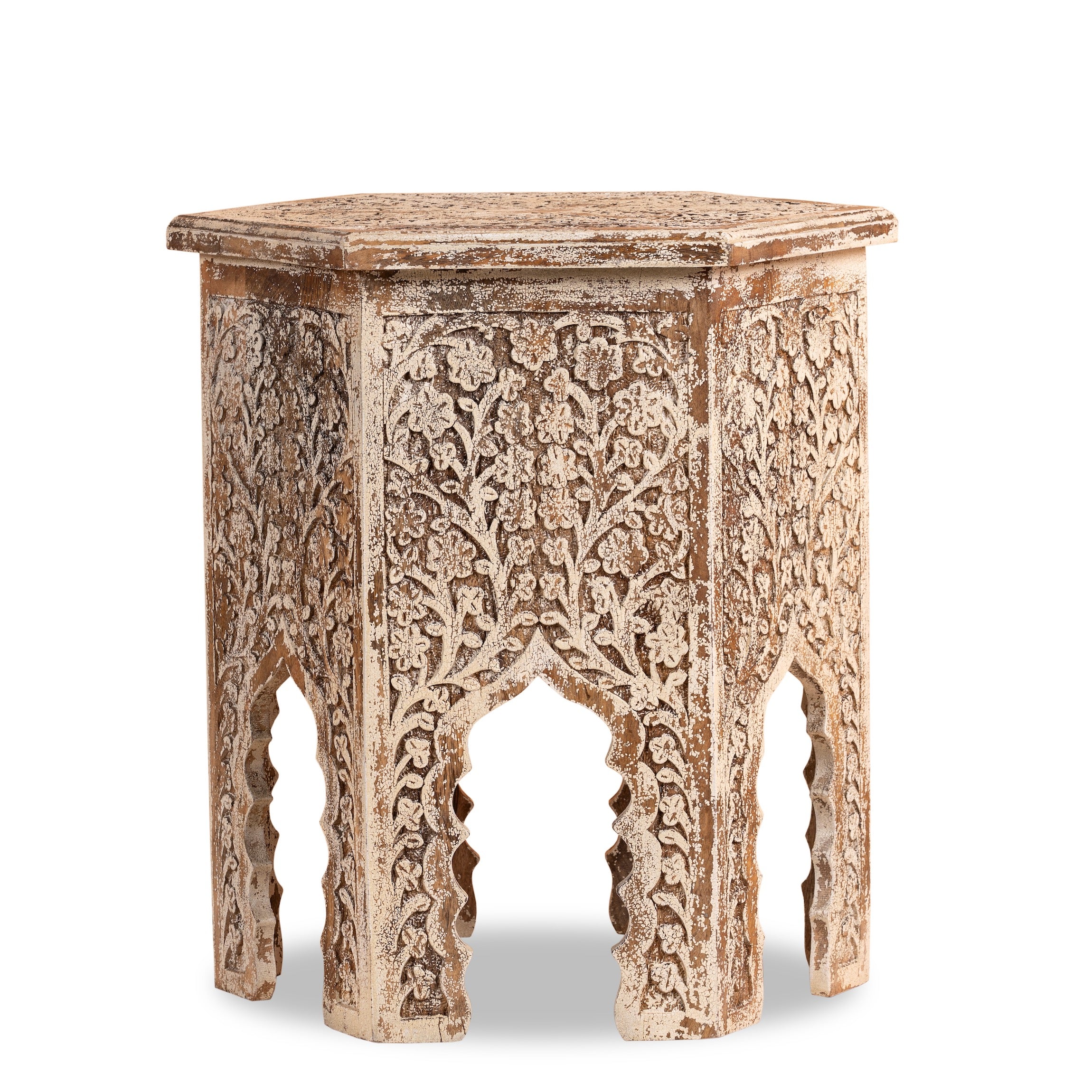 White background image of a Amreli antique white coffee table made of mango wood, hand carved.