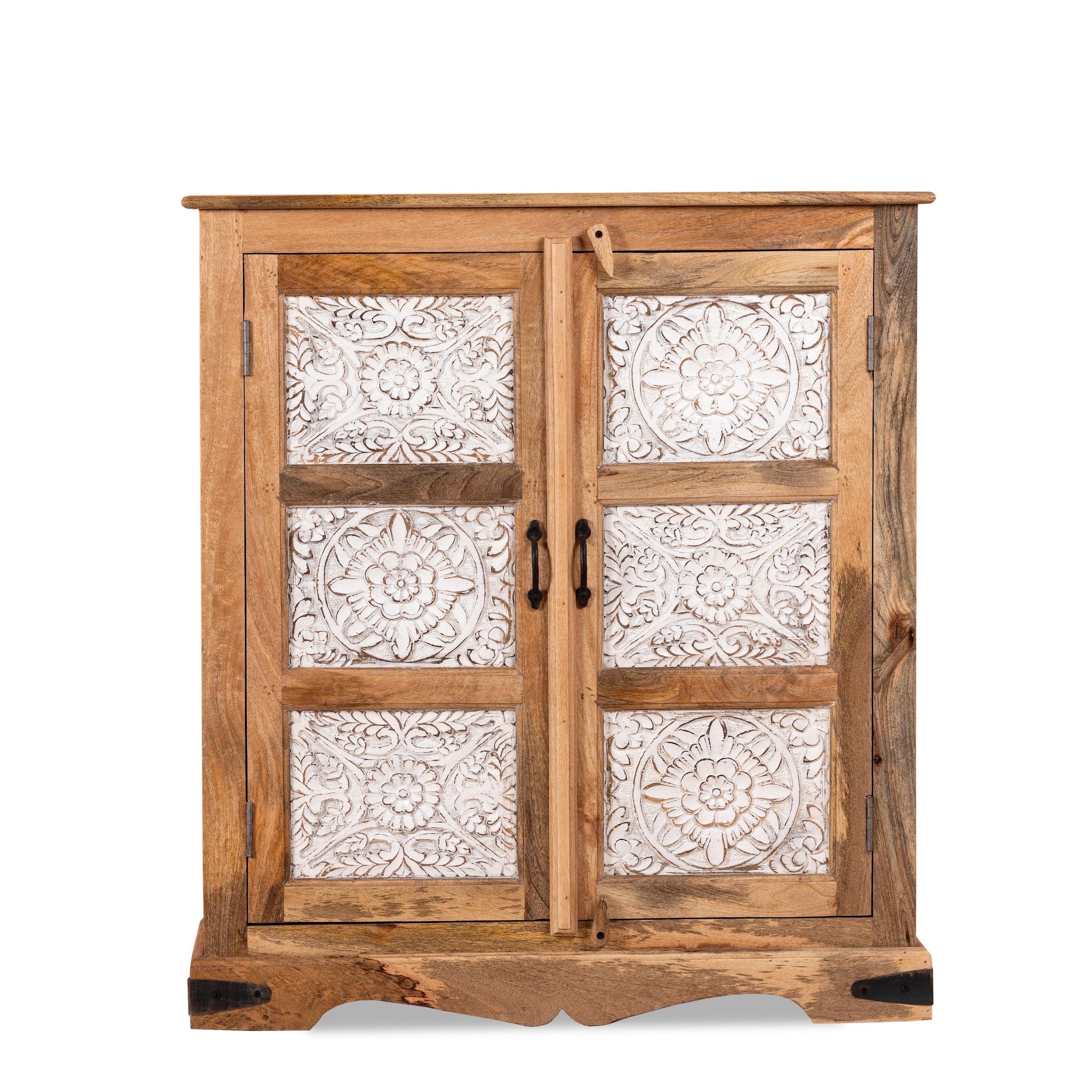 White background image of a carved sideboard / bedroom furniture in mango wood with white-washed floral engravings, 90 × 40 × 100 cm.
