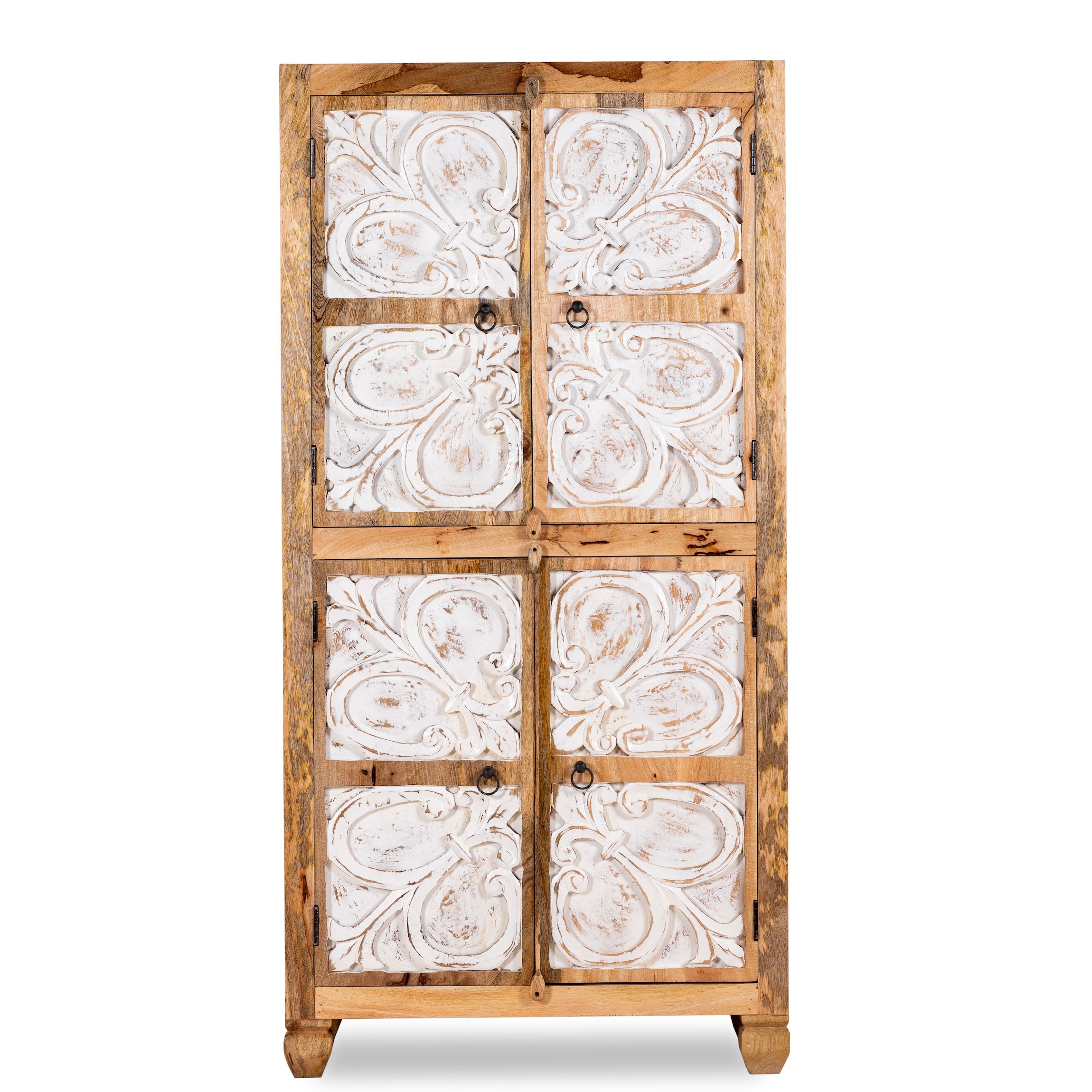 White background image of a hand-carved mango wood wardrobe with floral motifs and whitewashed finish; wooden wardrobe ideal for bedroom furniture, 90 × 180 × 40 cm.