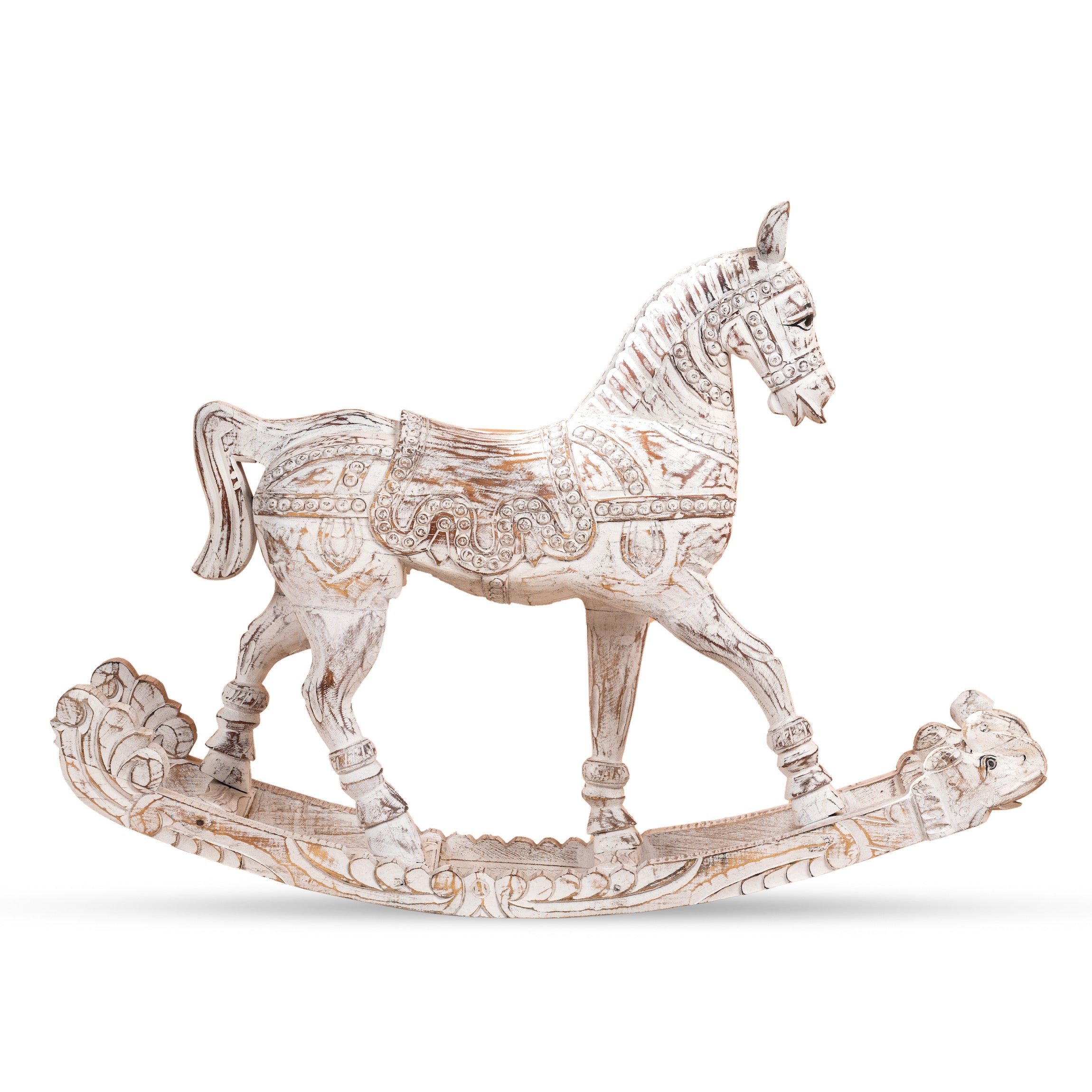 White background image of a hand-carved whitewashed mango wood rocking horse – artistic Indian home accessory and mango wood décor, ideal for entryways or living rooms, 105x80x30cm.