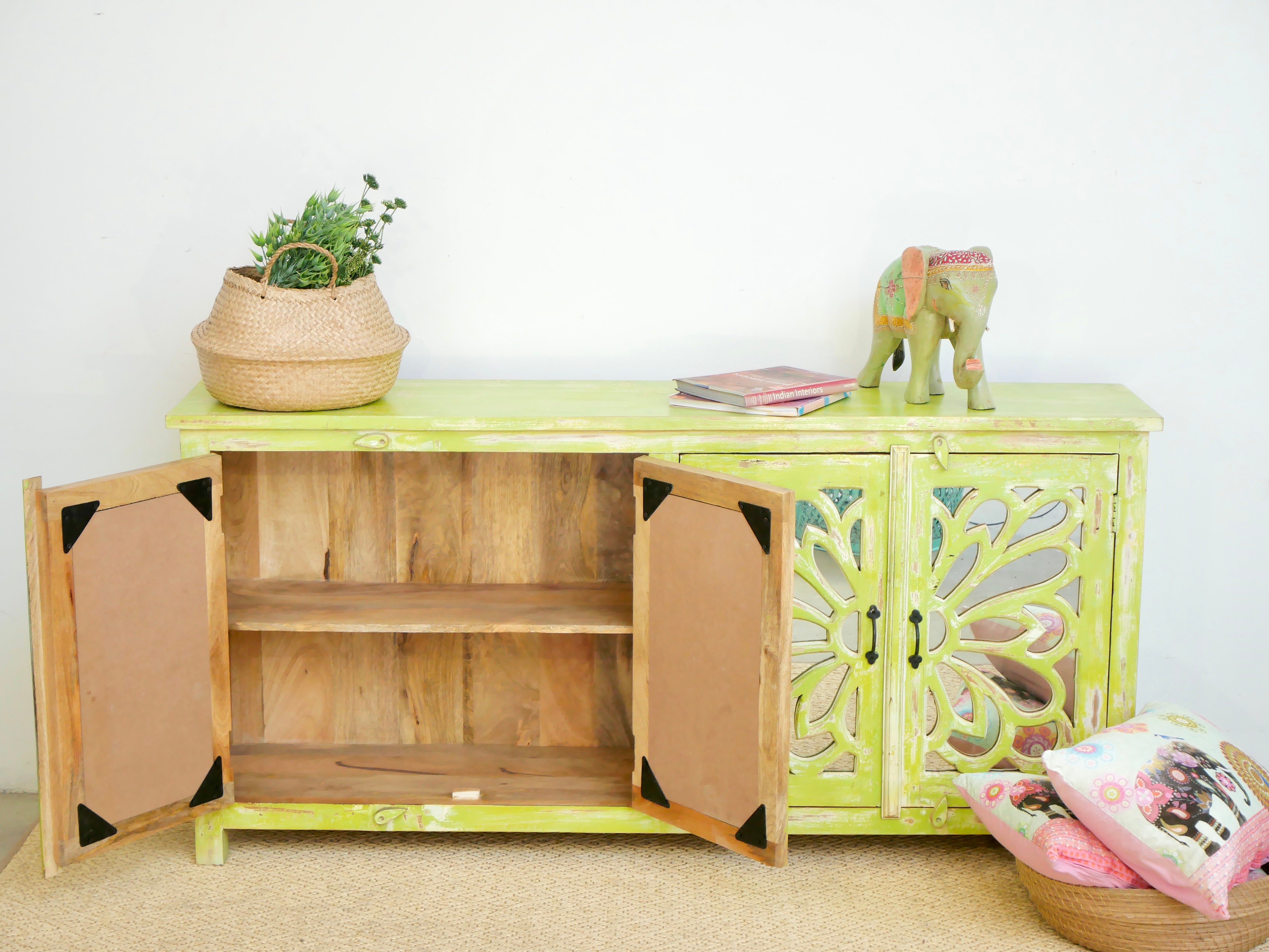 Image showing open doors of a Green Star hand carved mango wood sideboard with floral carvings and mirrored glass doors 180cm