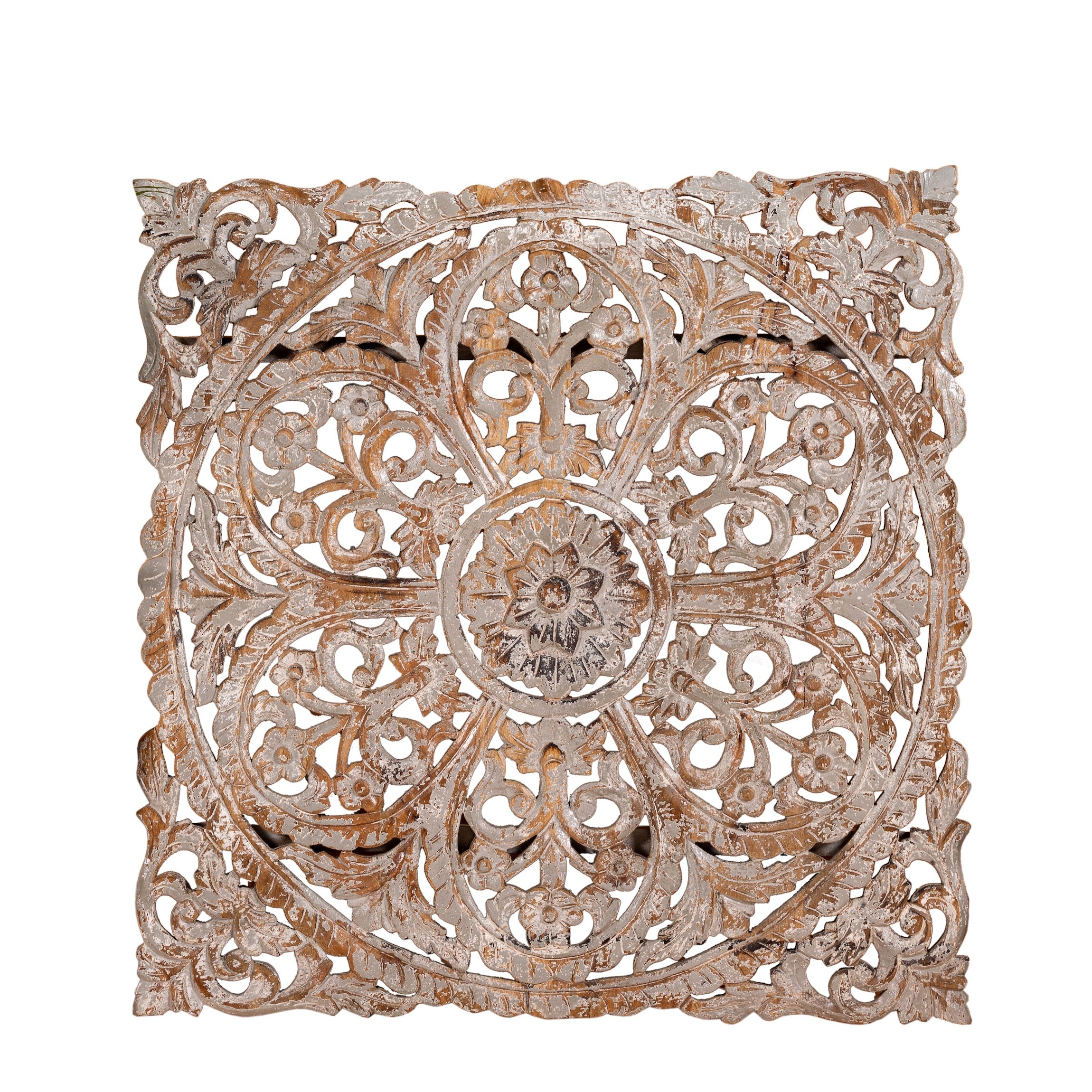 White background image of a Lina carved wooden wall panel made from solid mango wood, featuring detailed hand-carved floral patterns—an elegant wooden wall decoration with artisanal charm.