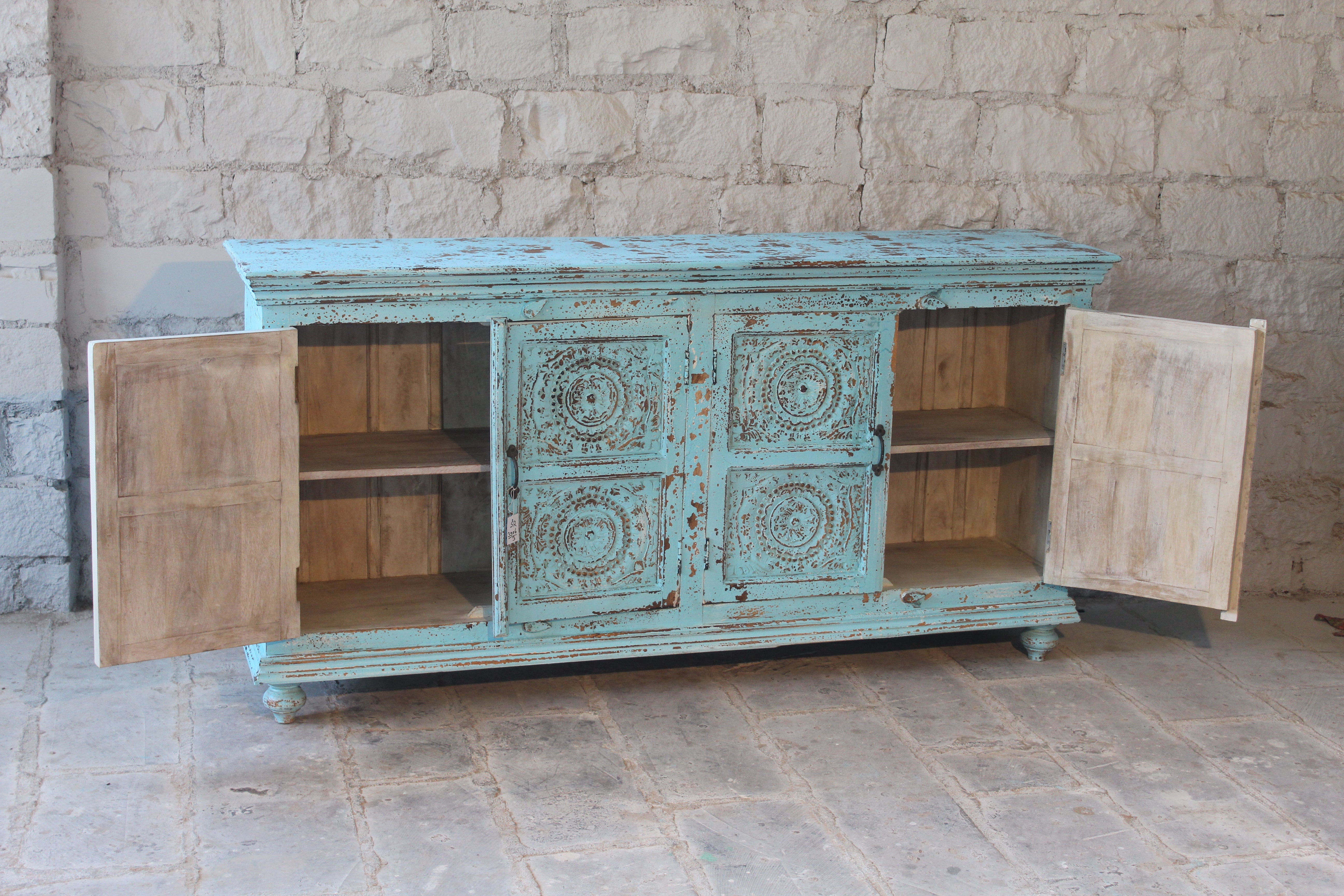 Mandala Blue hand carved mango wood sideboard with floral mandala doors 180cm