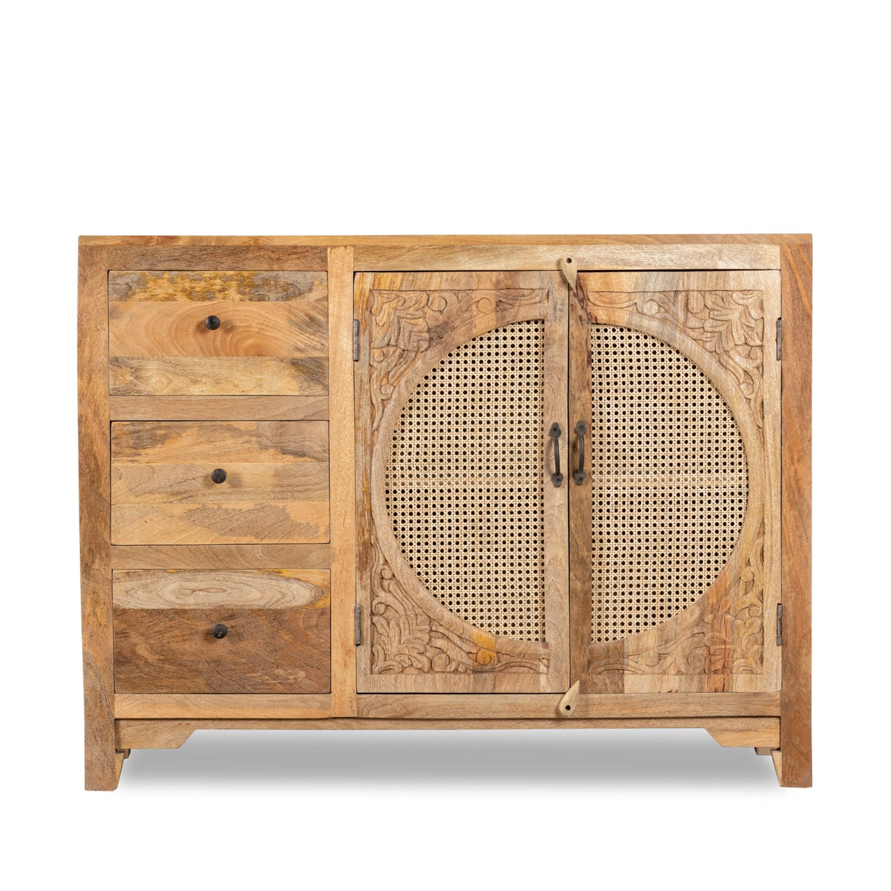 White background image of a hand carved mango wood cabinet in natural finish with 3 drawers and 2 rattan doors.