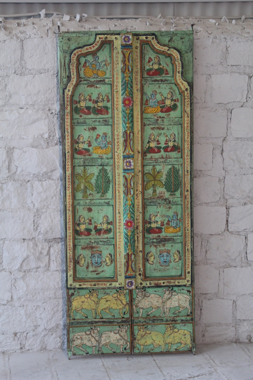 Hand‑painted antique Indian old door panel Prabhaat with mythological scenes, crafted as unique Indian furniture and wall decoration. A vibrant teak wood piece perfect for vintage and artistic interiors.
