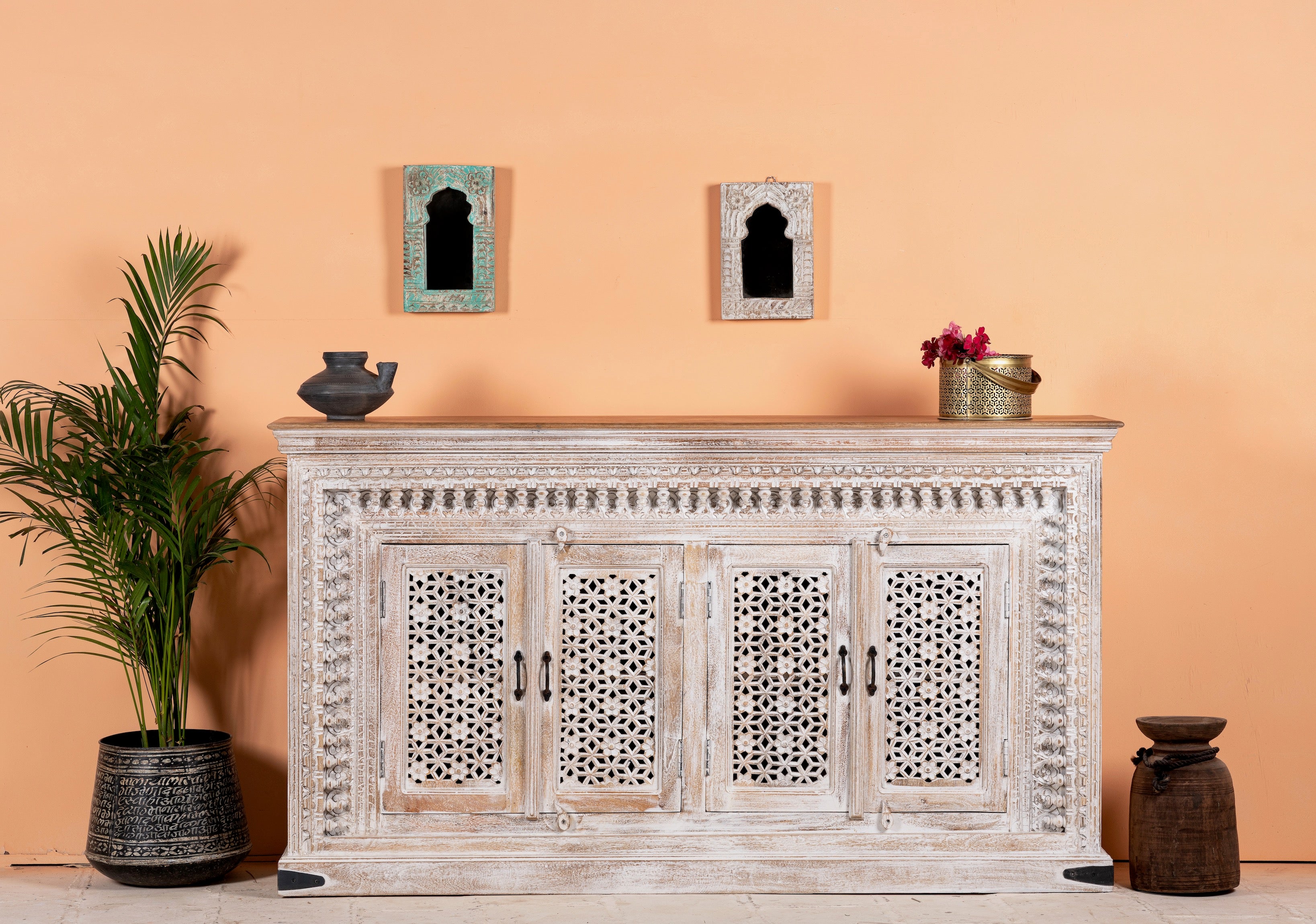 Rajula handcrafted solid mango wood sideboard with hand-carved floral doors, whitewashed finish, four spacious storage compartments, and traditional Indian craftsmanship, 180cm.
