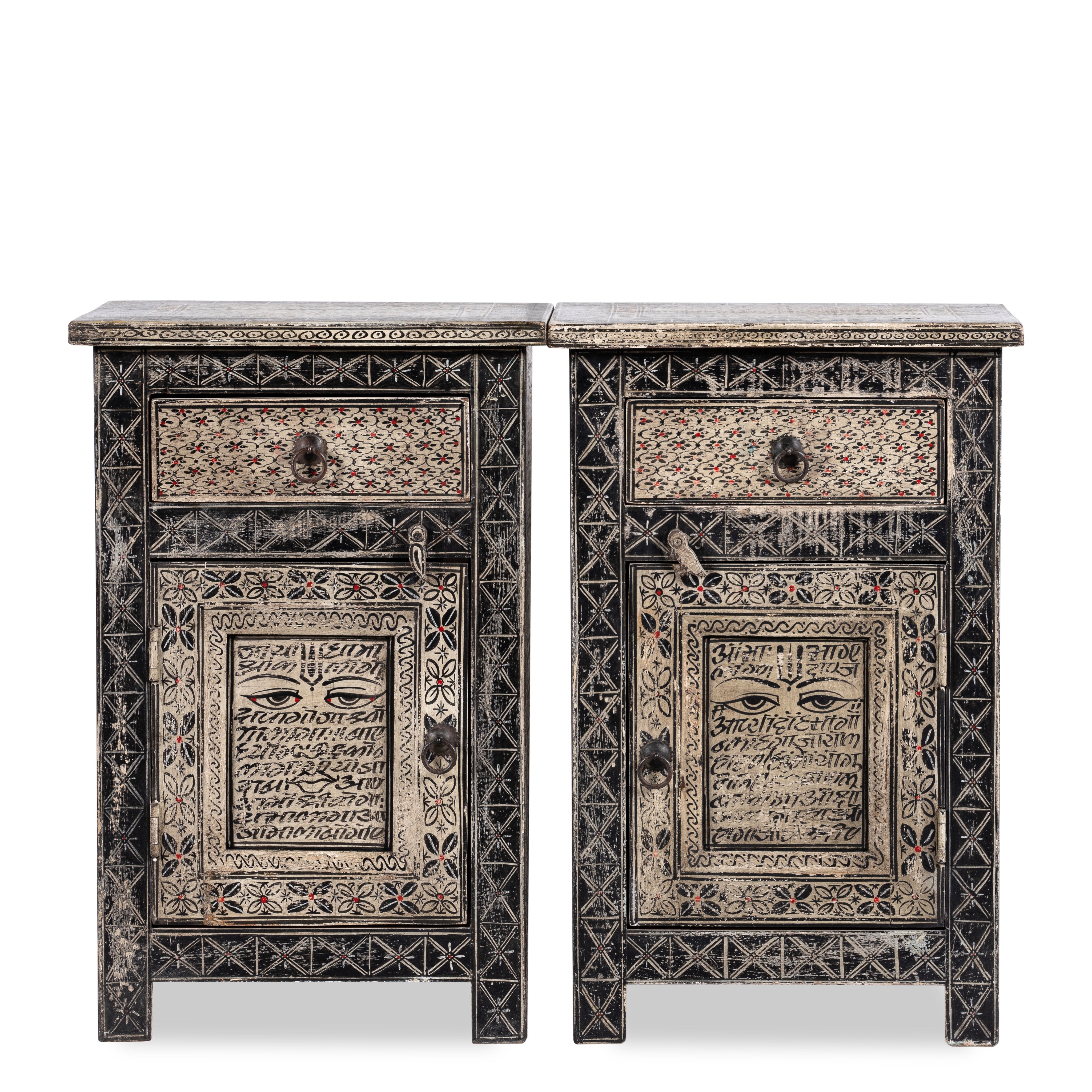 White background image of a pair of hand painted Sanskrit bedside tables, reclaimed wood design inspired by traditional cupboards; sustainable furniture, 45 × 35 × 70 cm.