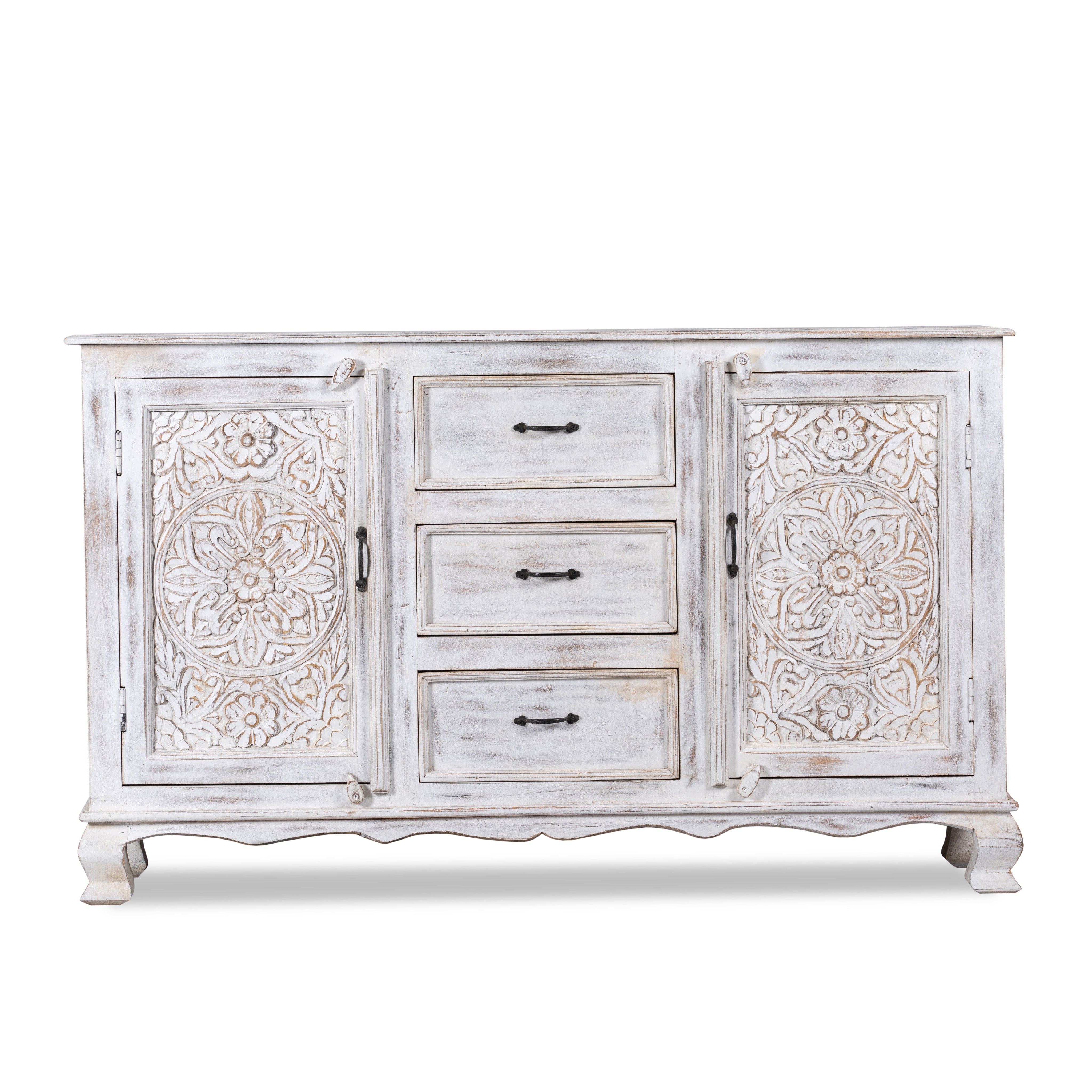 White background image of a mediterranean-style carved sideboard in solid mango wood with floral motifs and elegant legs; ideal for vintage home decor, 150 × 90 × 40 cm.