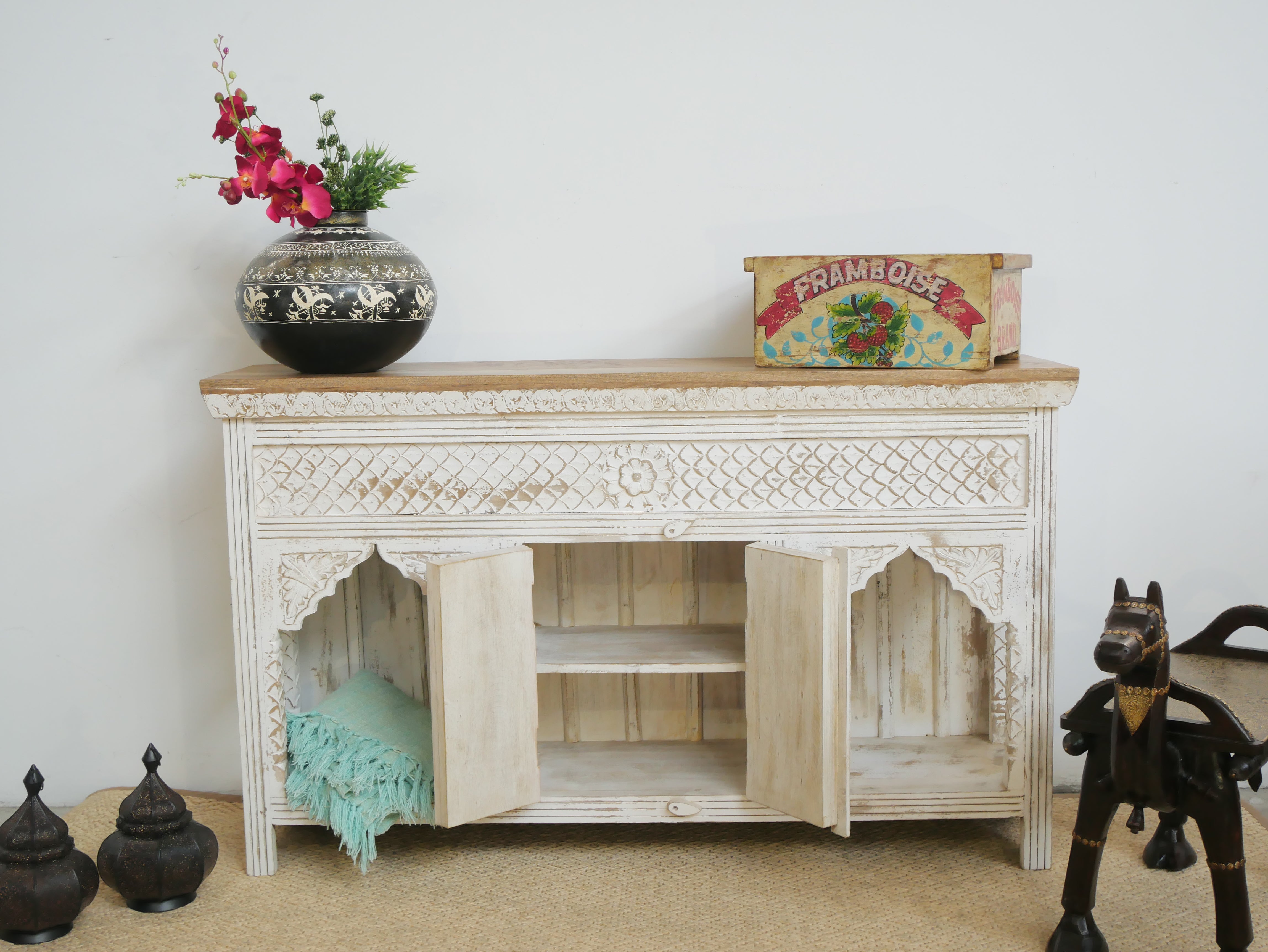 Teerth hand carved white washed mango wood console table with natural wood top 150cm
