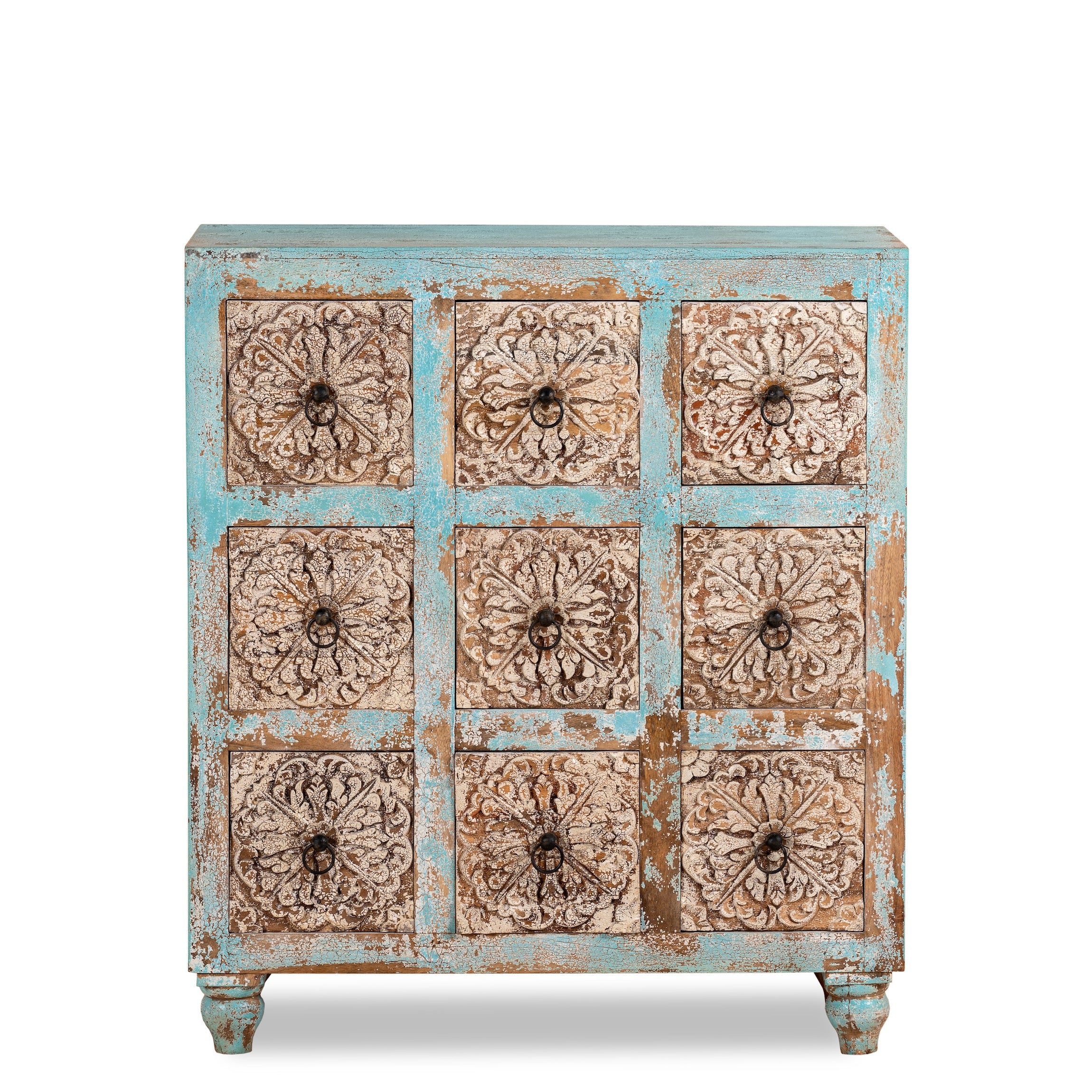 White background image of a hand-carved mango wood vintage chest of drawers with blue body and whitewashed floral fronts; perfect as an entryway table vintage accent, 90 × 100 × 40 cm.