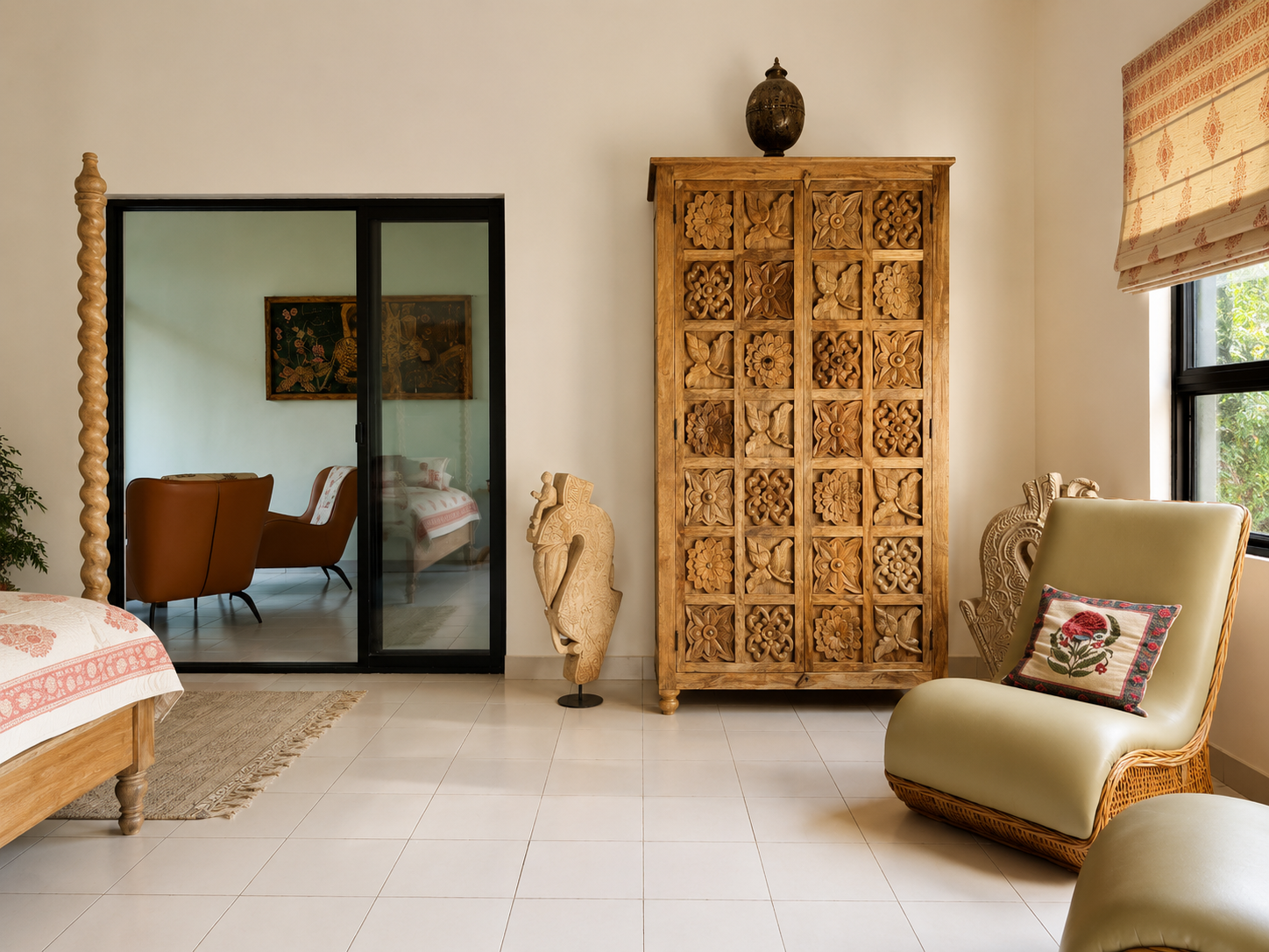 Charmi wardrobe hand carved floral design made of mango wood in a living room styling