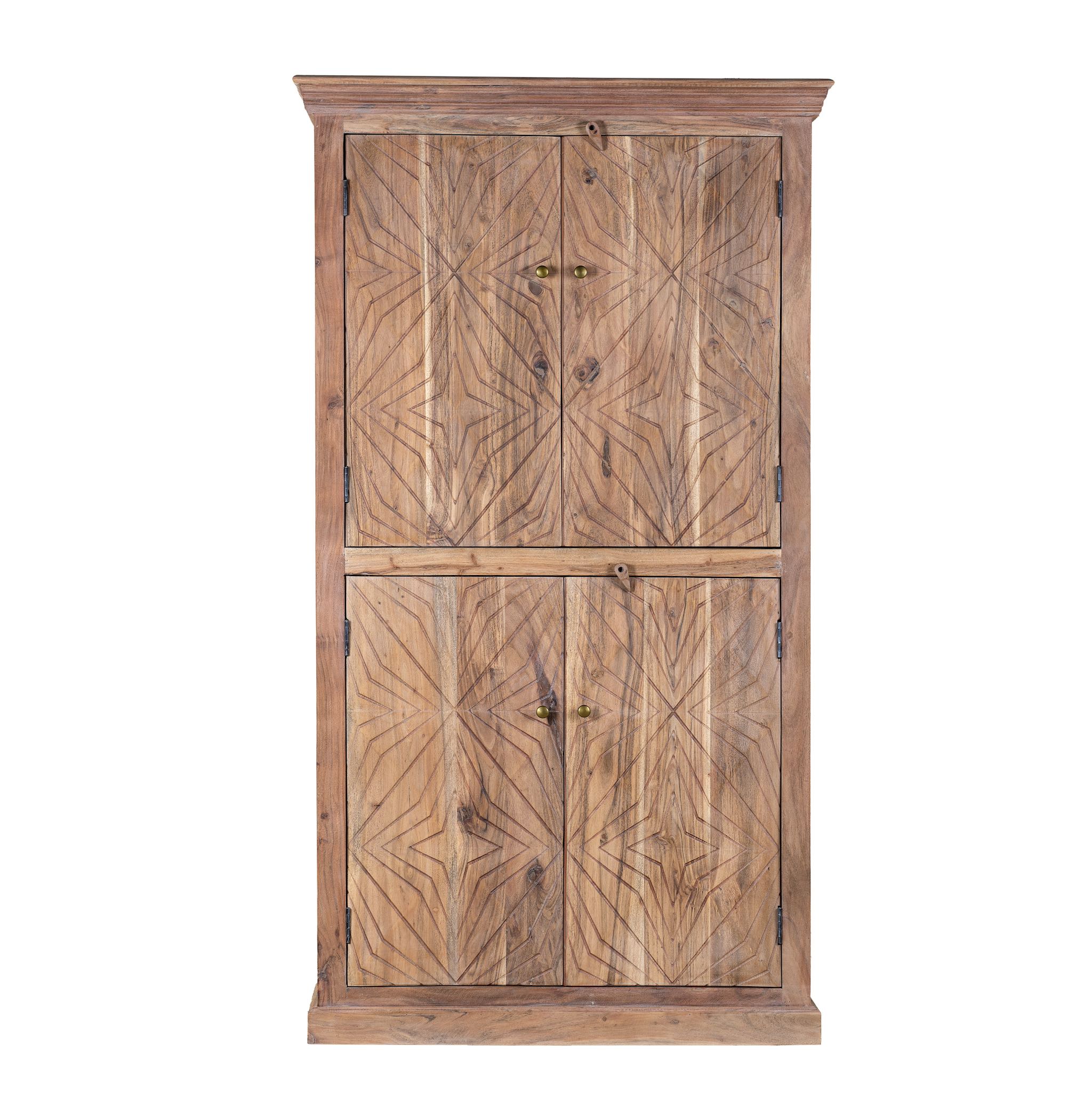 White background image of a carved acacia wood wardrobe with floral detailing and brass handles; artisanal acacia wood furniture, 100 × 40 × 180 cm.