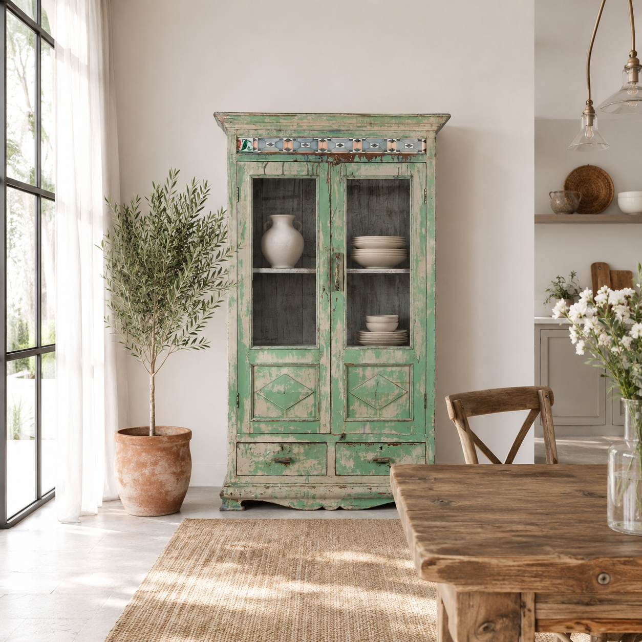 Lifestyle image of a reclaimed teak wood vitrine with distressed green finish, ceramic inlays, and glass-panelled doors – sustainable furniture with vintage Indian charm.