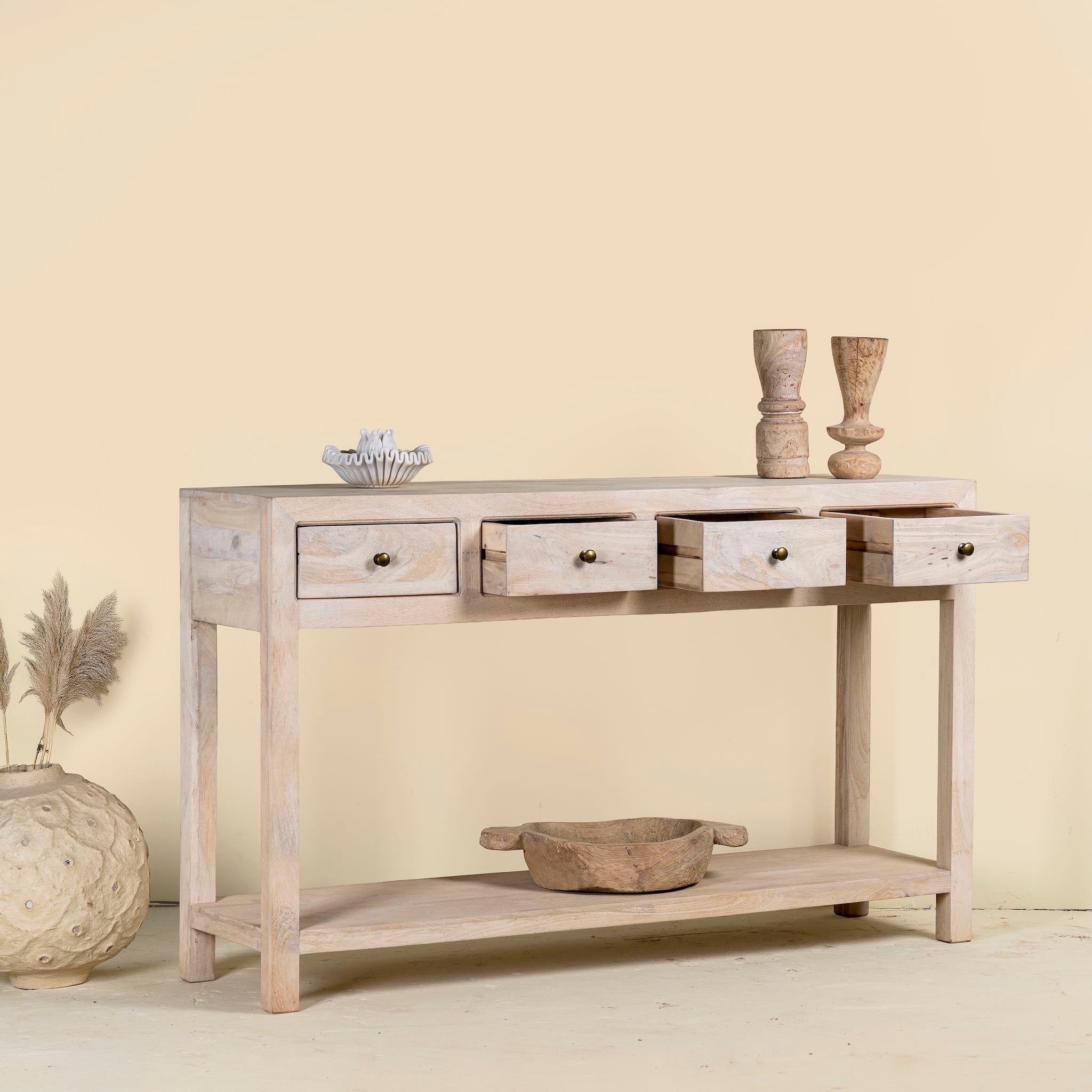 Open Drawer image of a sustainable reclaimed wood console table with four drawers, lower shelf, and sandblasted mango wood finish, 150 × 40 × 90 cm.