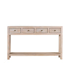 White background image of a sustainable reclaimed wood console table with four drawers, lower shelf, and sandblasted mango wood finish, 150 × 40 × 90 cm.
