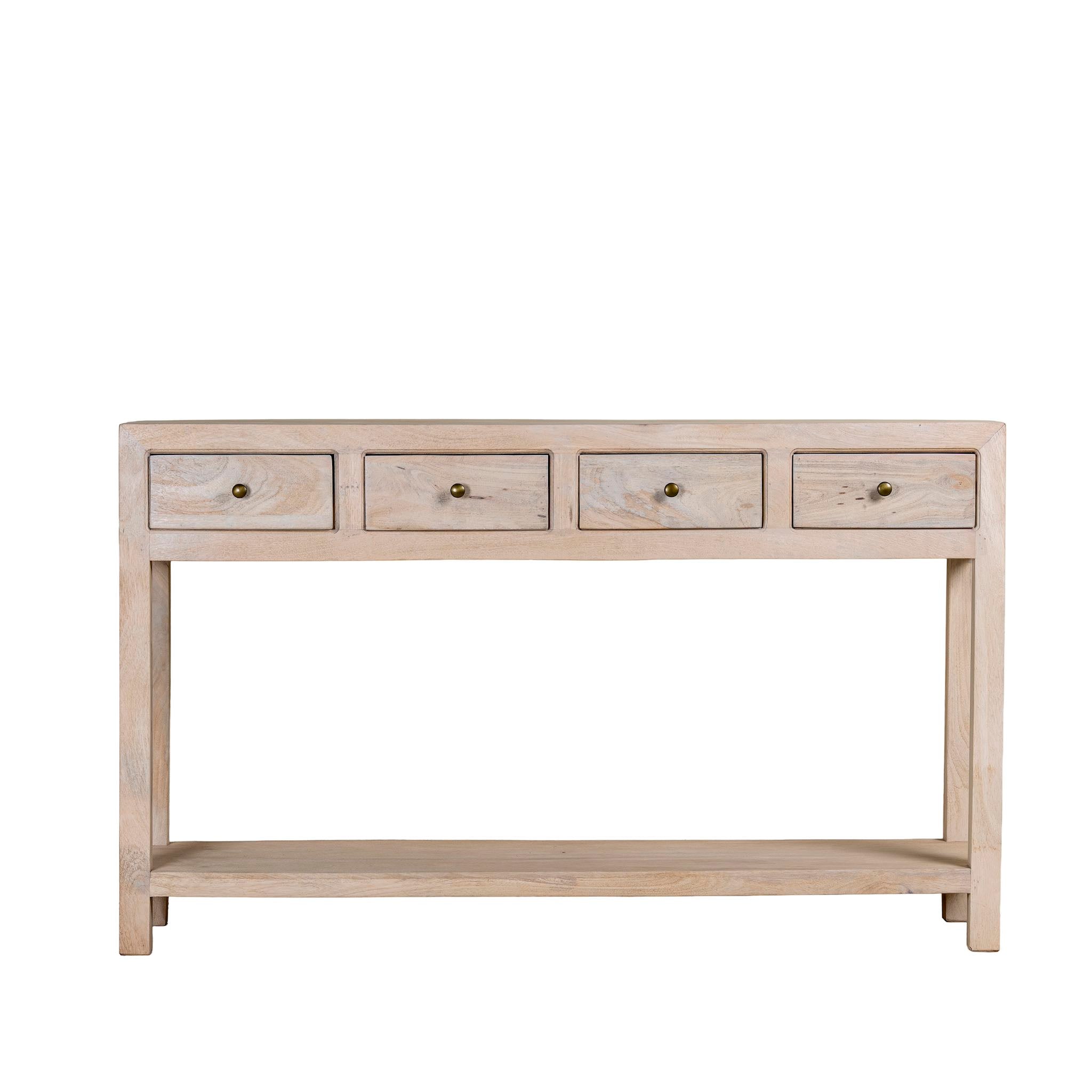 White background image of a sustainable reclaimed wood console table with four drawers, lower shelf, and sandblasted mango wood finish, 150 × 40 × 90 cm.