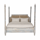 White background image of a King-size four-poster bed frame Aadinath made of solid mango wood with hand-carved twisted posts and cane-panel headboard, shown in a natural washed finish; part of a sustainable wooden canopy bed collection.