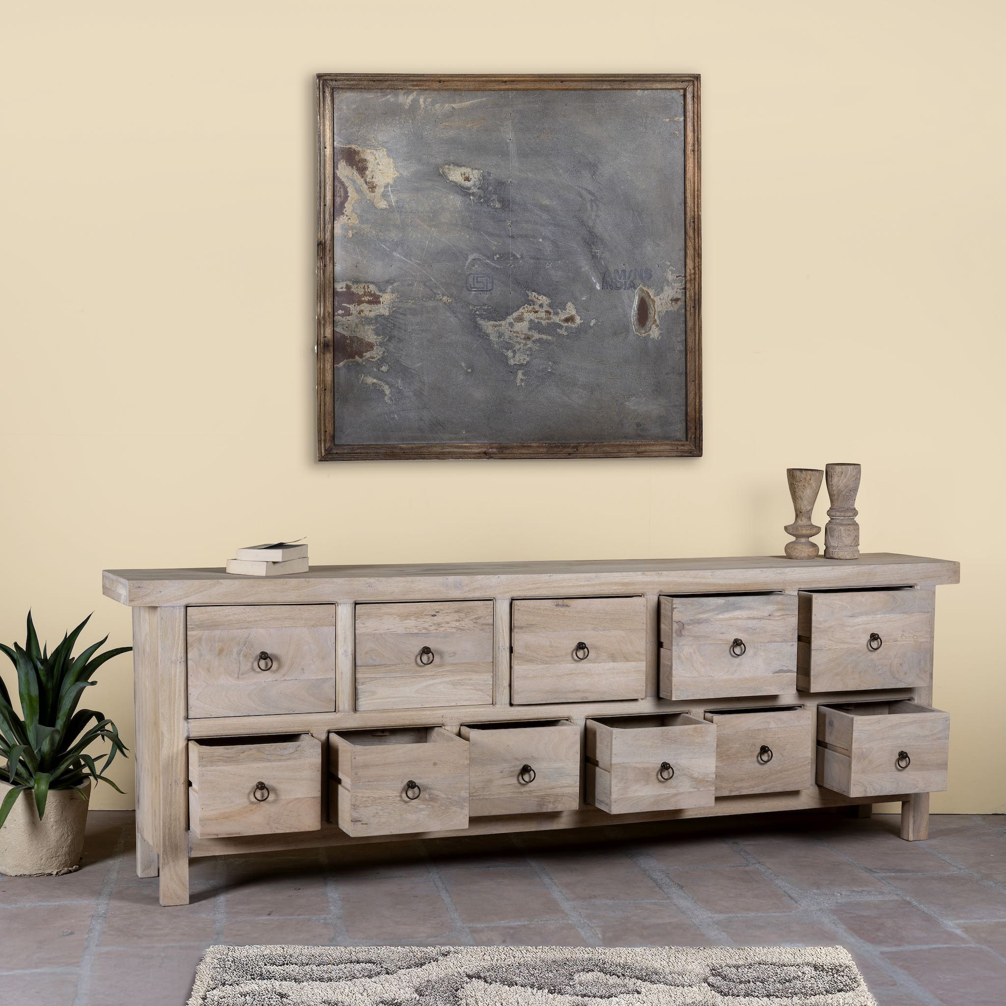 Open drawer image of a reclaimed wood furniture chest of drawers with 11 drawers, Ibiza style living room furniture with sandblasted finish, 250 × 40 × 85 cm.
