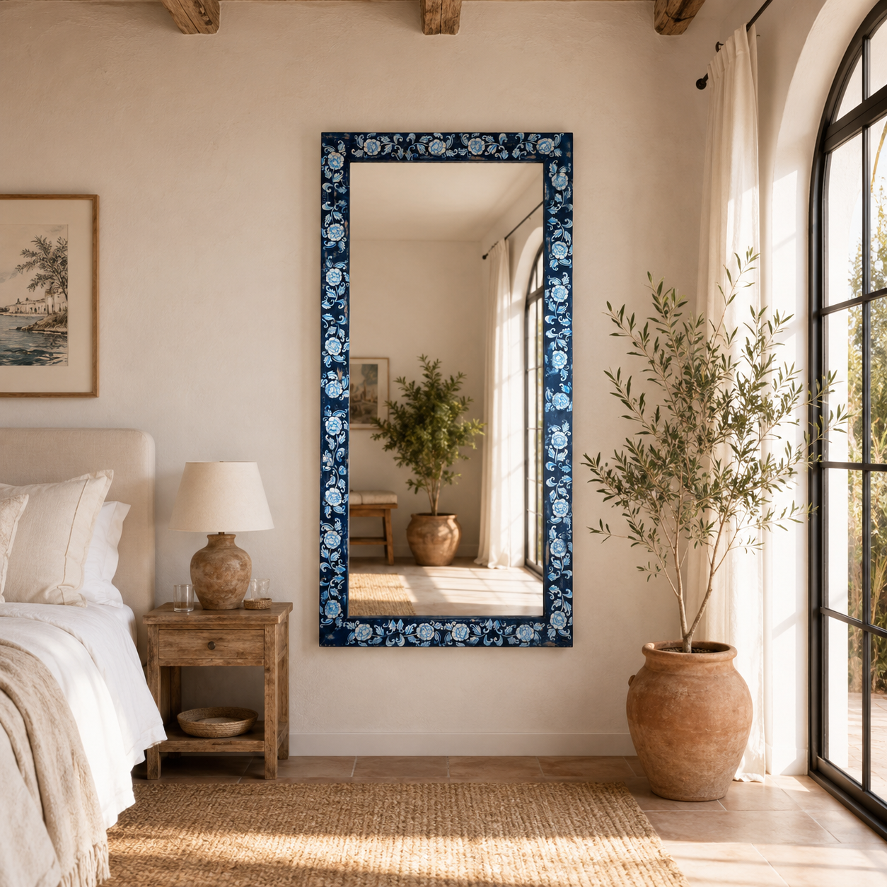 Lifestyle image of a Aagam hand painted reclaimed wood vintage wall mirror with blue floral frame, 180x90cm