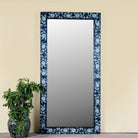 Aagam hand painted reclaimed wood vintage wall mirror with blue floral frame, 180x90cm