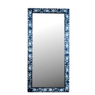 Wite background image of a Aagam hand painted reclaimed wood vintage wall mirror with blue floral frame, 180x90cm